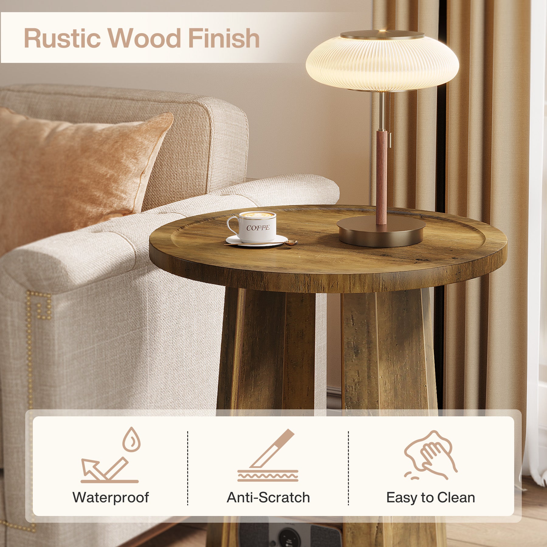 Round End Table, Rustic Sofa Side Table with Storage