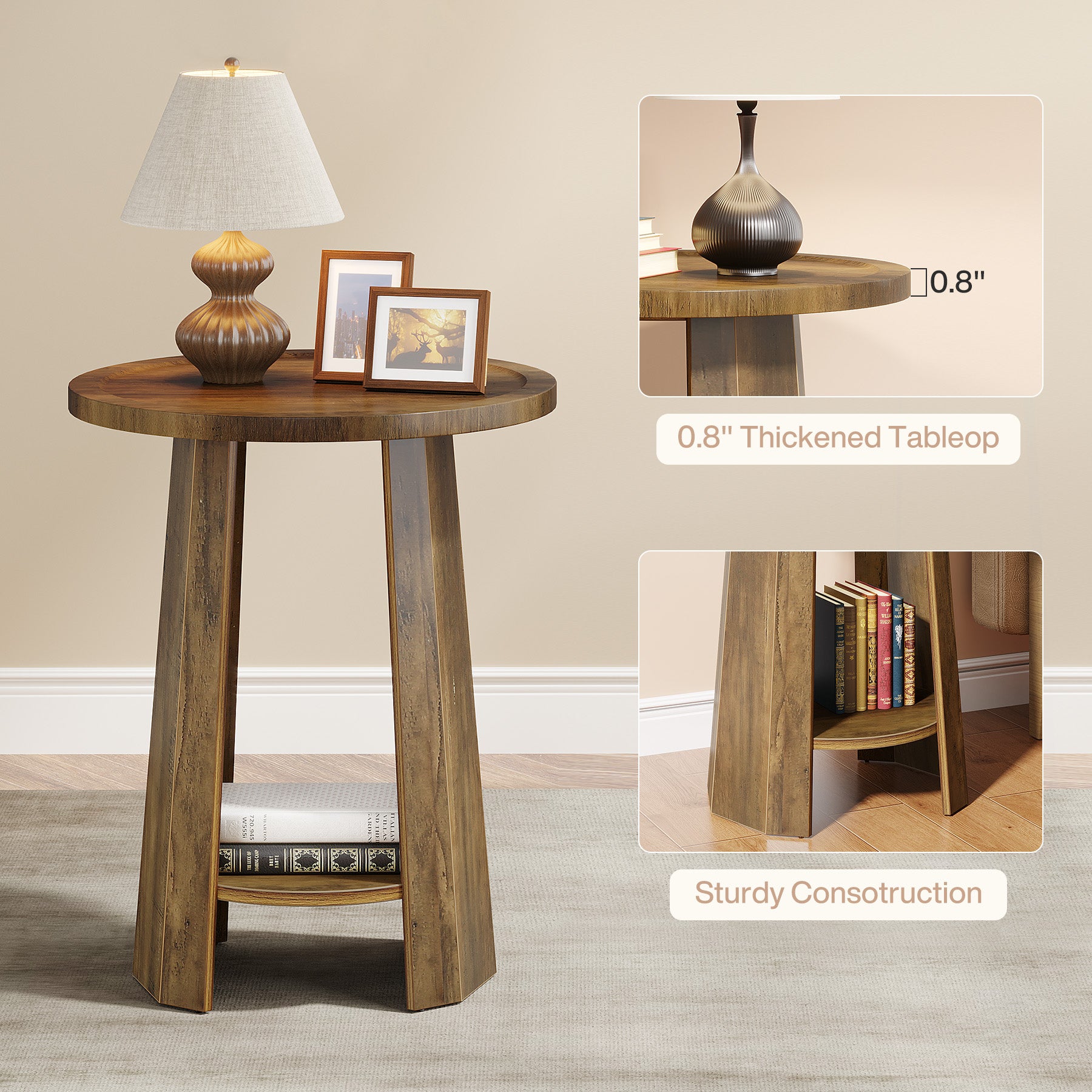 Round End Table, Rustic Sofa Side Table with Storage