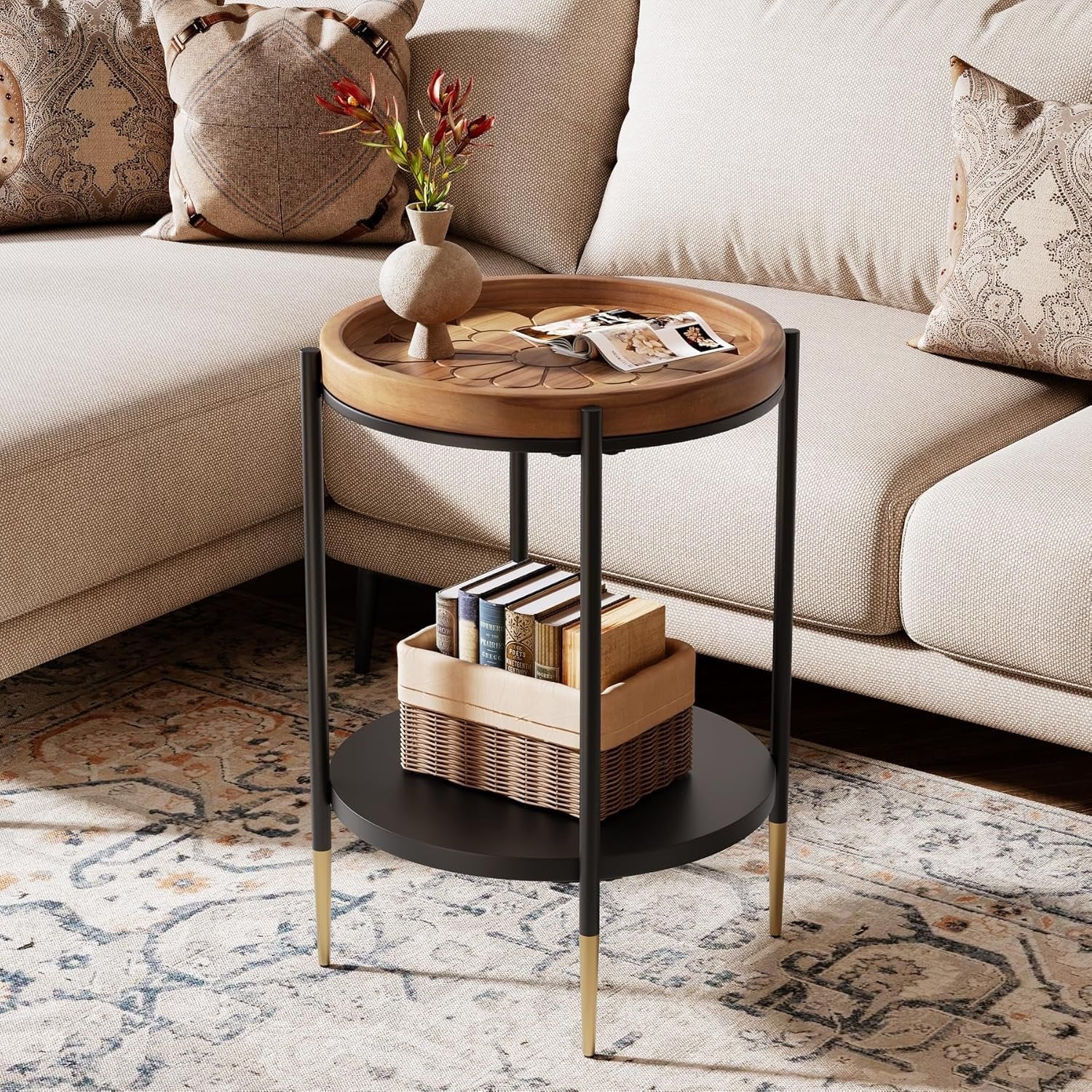 Round Side Table, 2-Tier End Table with Solid Wood Tabletop