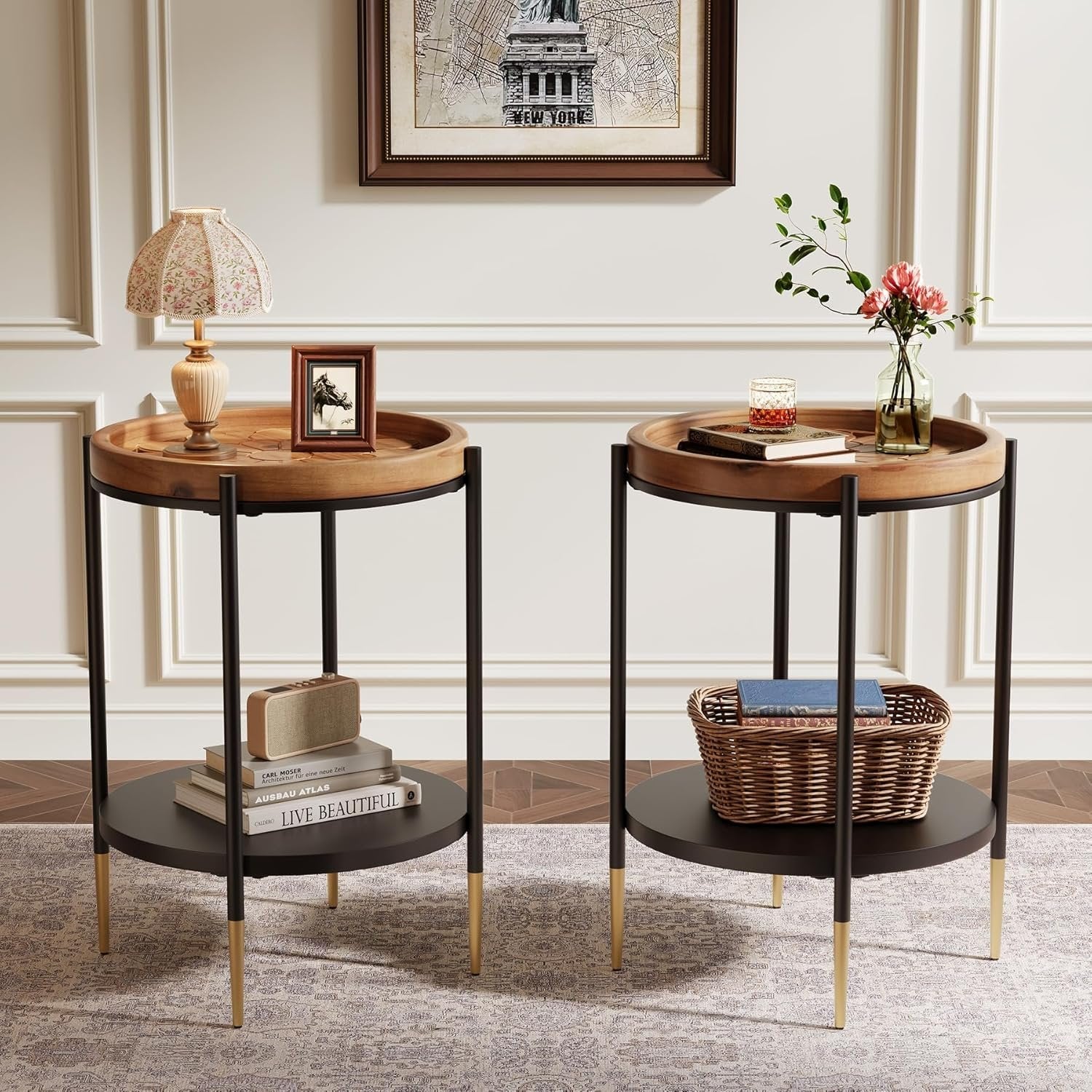 Round Side Table, 2-Tier End Table with Solid Wood Tabletop