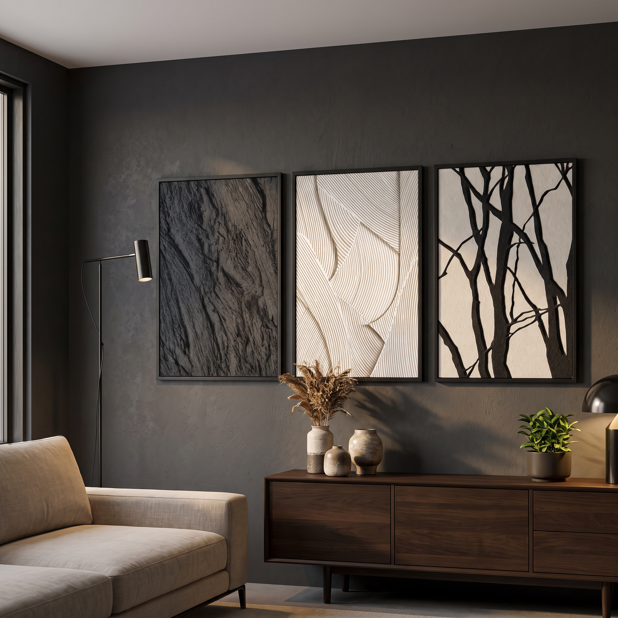 Sandstone Textured Abstract Wall Art Set of 3, Large Framed Canvas Wall Decor for Living Room