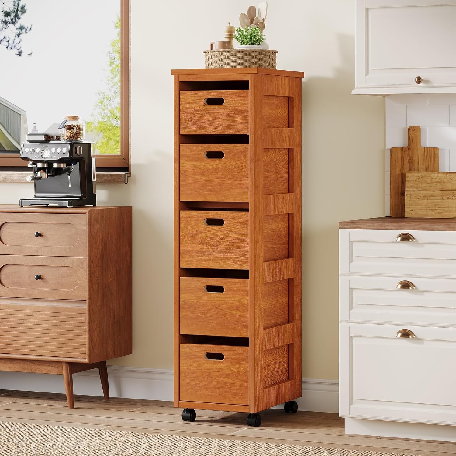 Slim Storage Cabinet, Tall Organizer Tower Vertical Tower Unit with Wheels