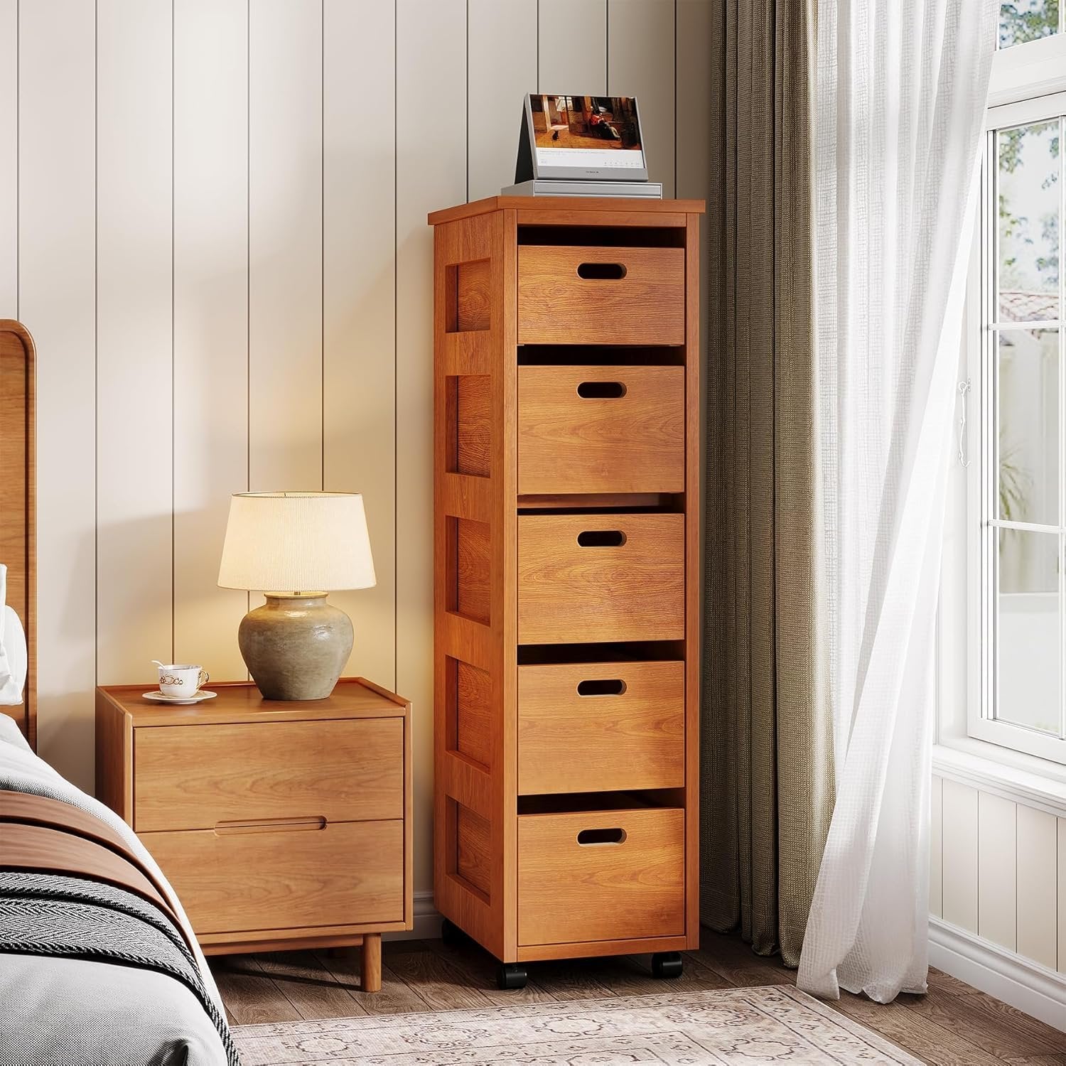 Slim Storage Cabinet, Tall Organizer Tower Vertical Tower Unit with Wheels