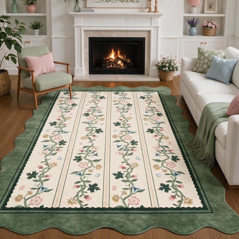 Soft Scalloped Floral Area Rug,Machine Washable Non-Slip Vintage Carpet