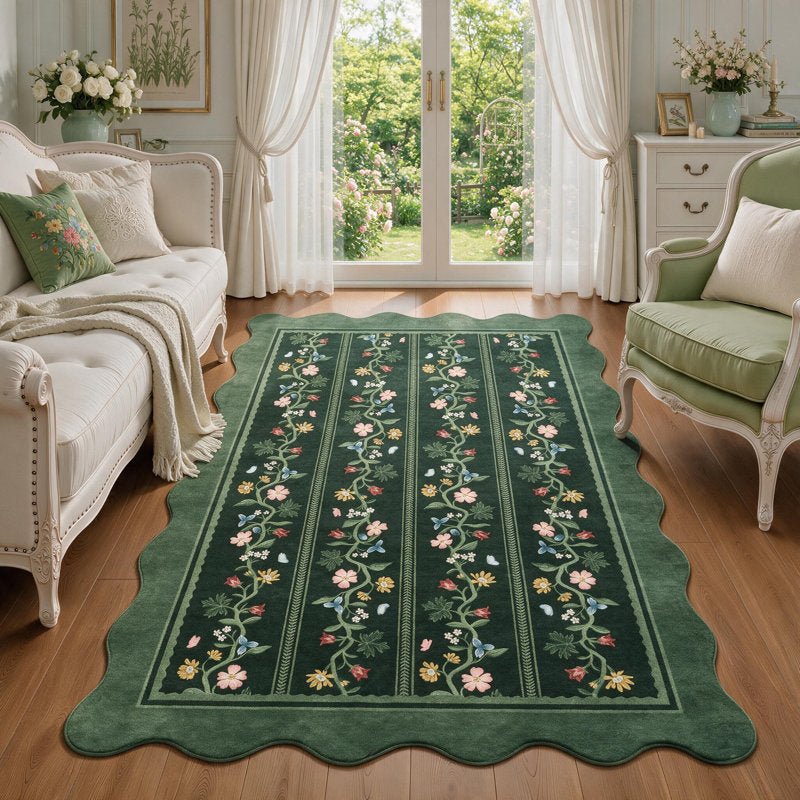 Soft Scalloped Floral Area Rug,Machine Washable Non-Slip Vintage Carpet