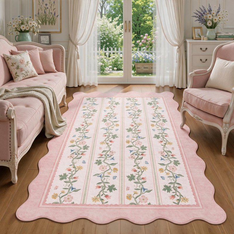 Soft Scalloped Floral Area Rug,Machine Washable Non-Slip Vintage Carpet