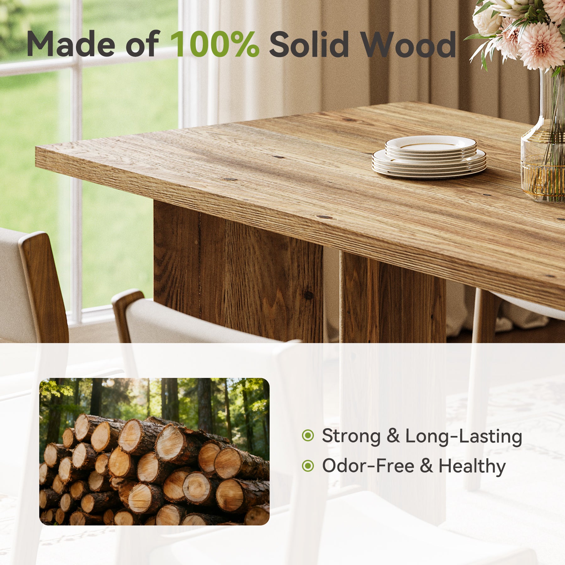 Solid Wood Dining Table, 63" Farmhouse Long Kitchen Table