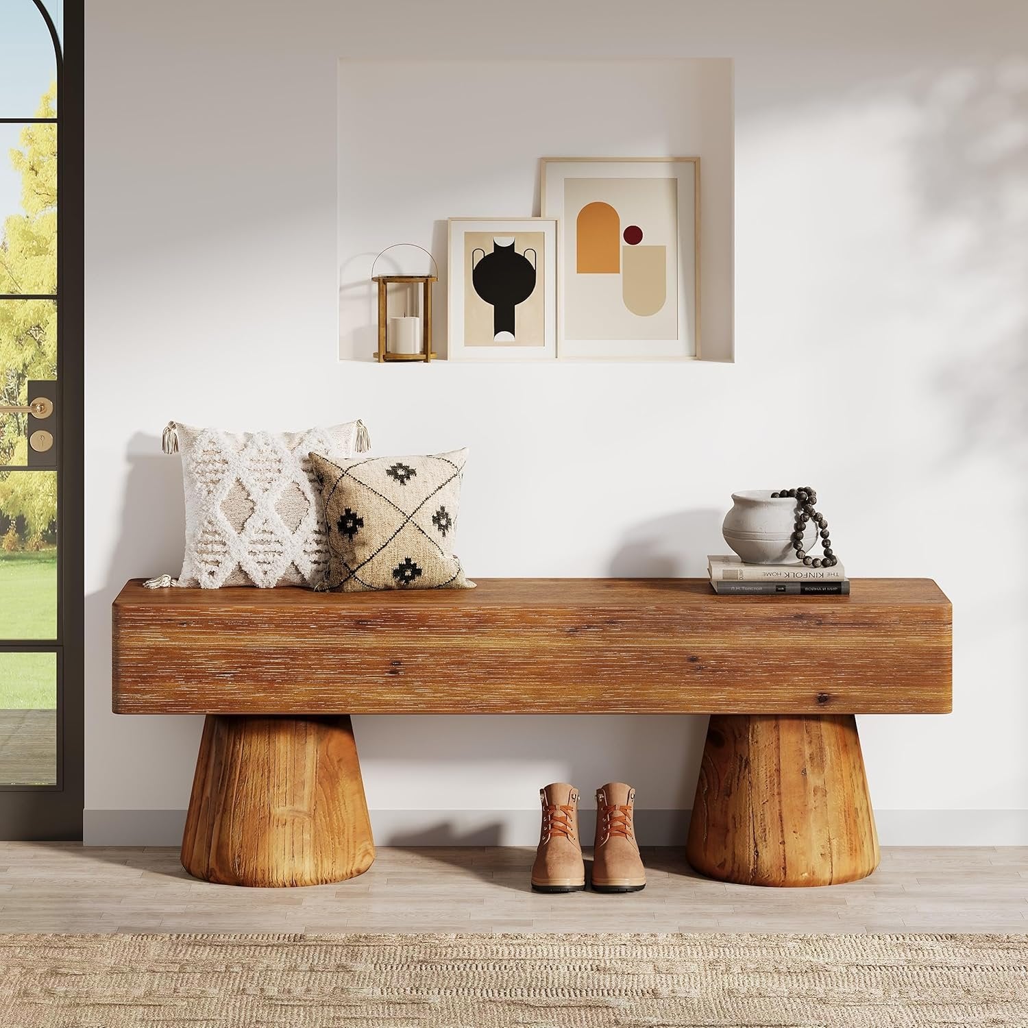 Solid Wood Entryway Shoe Bench, Farmhouse End of Bed Bench with Bucket Legs