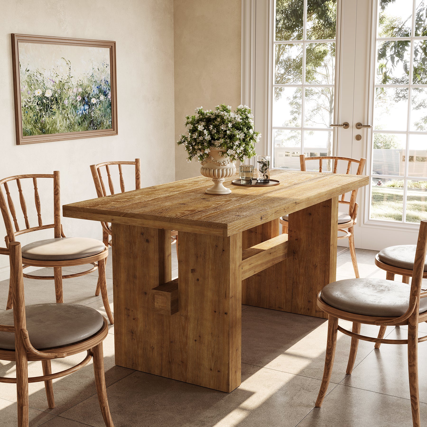 Solid Wood Kitchen Table, 63" Farmhouse Dining Table Dinner Table for 6