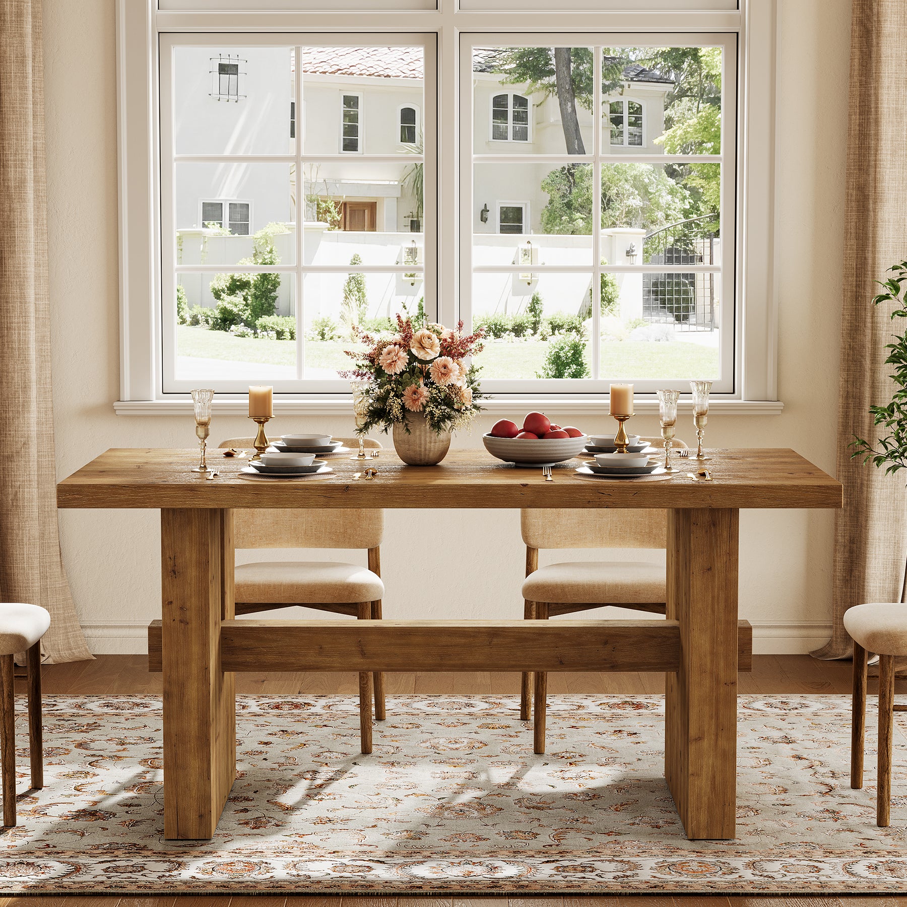 Solid Wood Kitchen Table, 63" Farmhouse Dining Table Dinner Table for 6