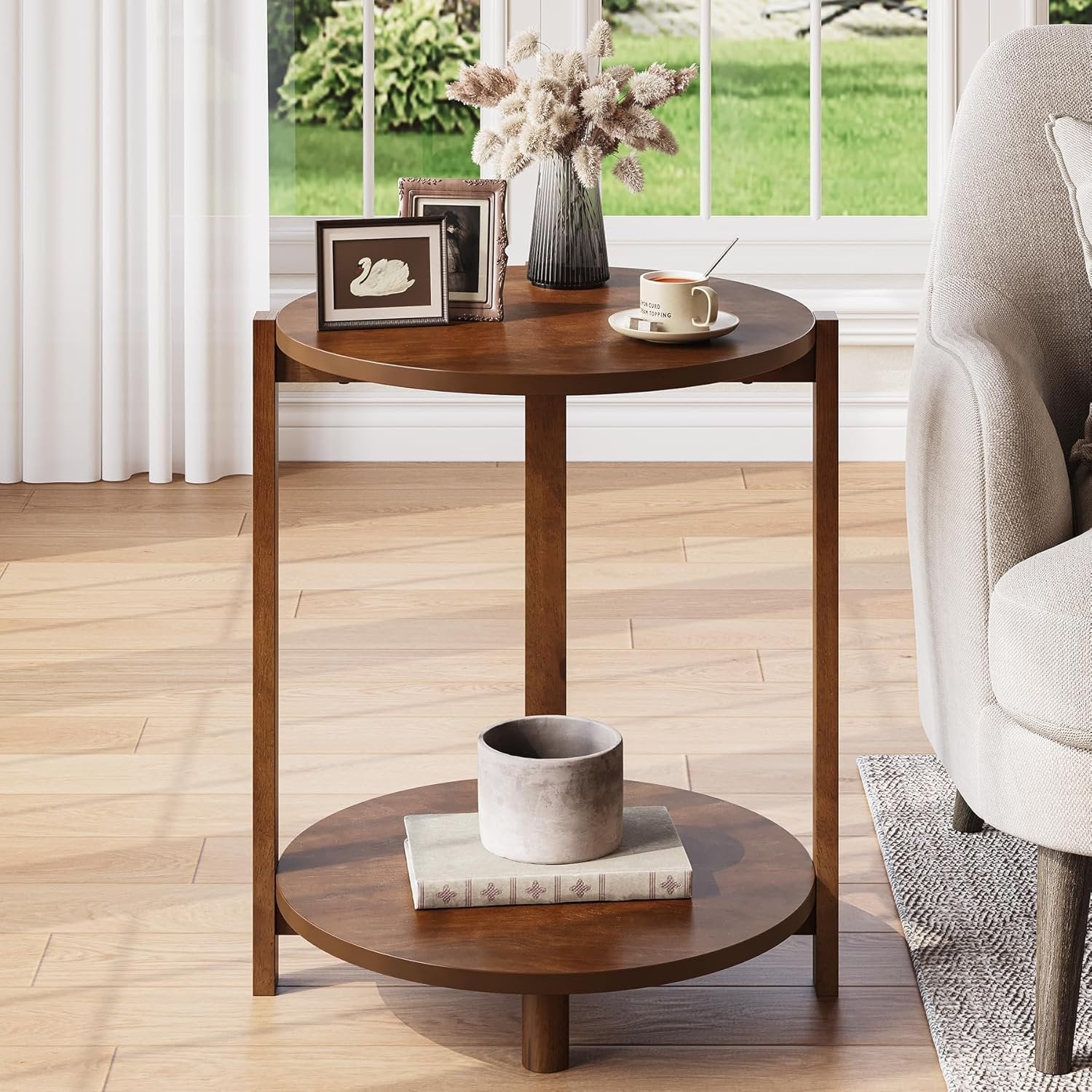 Solid Wood Side Table, 19" Round End Table with 2-Tier Storage