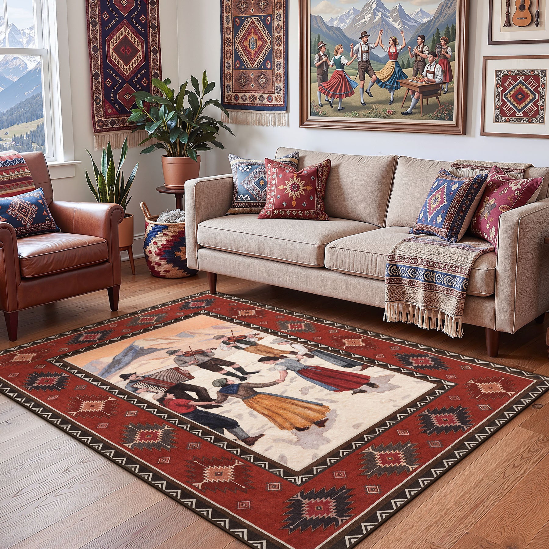 3x5/5x7 Southwestern Rust Red Rugs, Boho Tribal Washable Area Rug for Entryway, Soft Non-Slip Low Pile Indoor Carpet, Oeko-Tex Certified