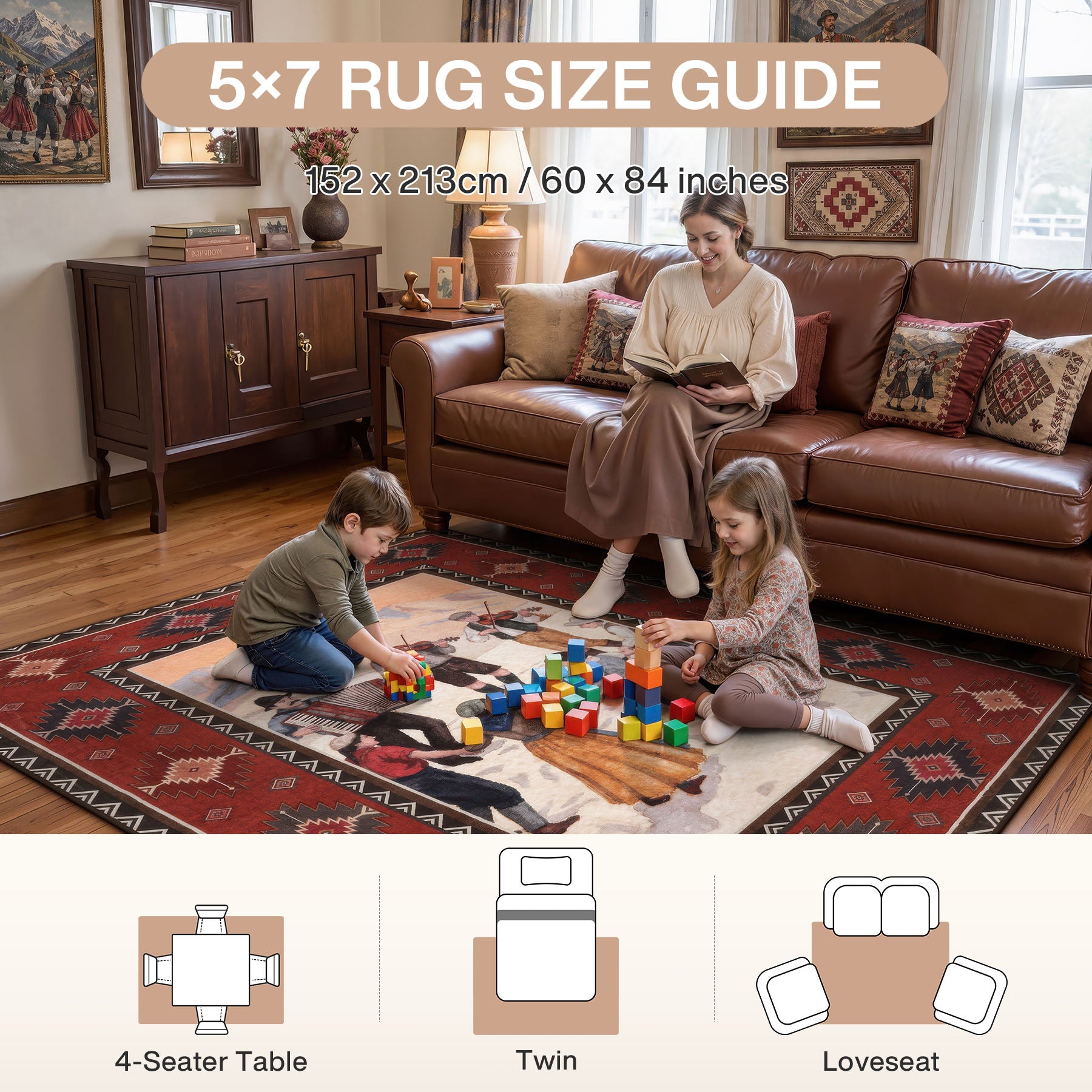 3x5/5x7 Southwestern Rust Red Rugs, Boho Tribal Washable Area Rug for Entryway, Soft Non-Slip Low Pile Indoor Carpet, Oeko-Tex Certified