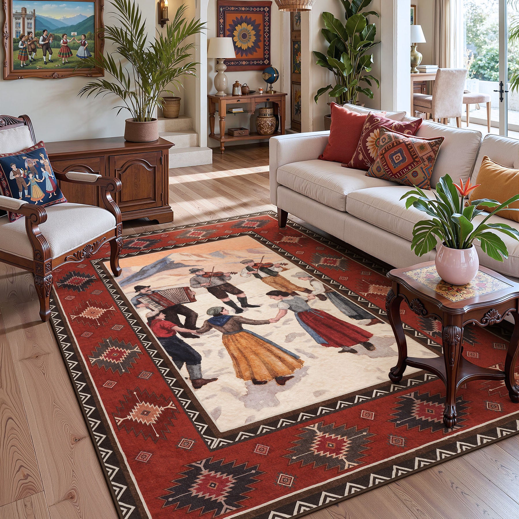 3x5/5x7 Southwestern Rust Red Rugs, Boho Tribal Washable Area Rug for Entryway, Soft Non-Slip Low Pile Indoor Carpet, Oeko-Tex Certified