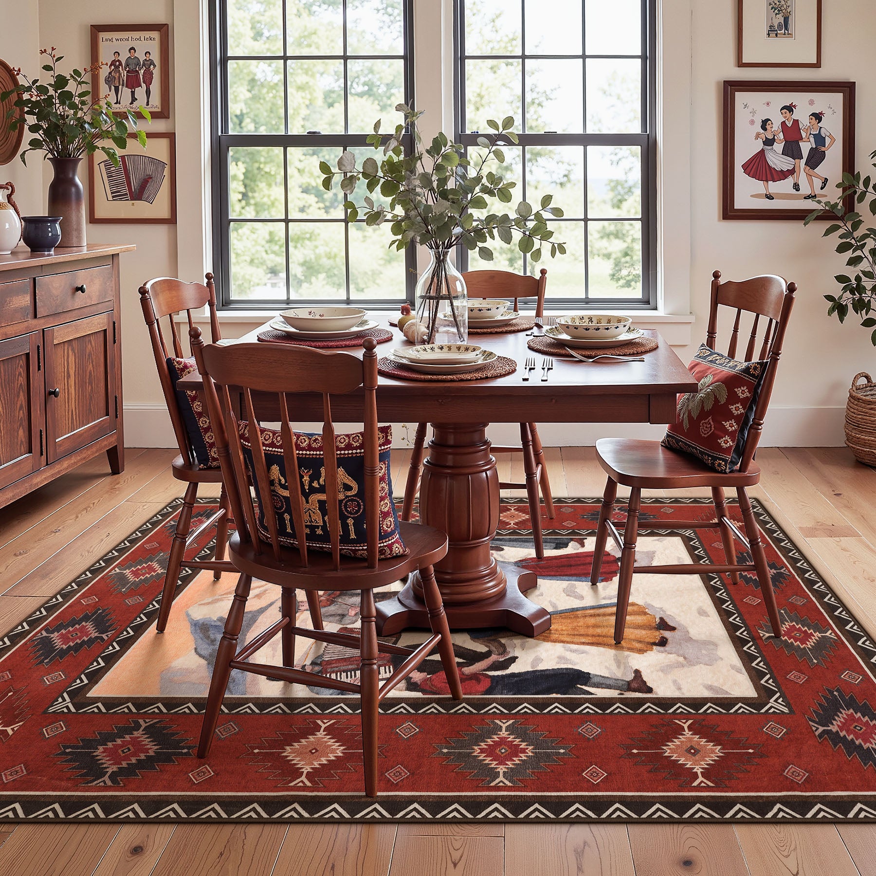 3x5/5x7 Southwestern Rust Red Rugs, Boho Tribal Washable Area Rug for Entryway, Soft Non-Slip Low Pile Indoor Carpet, Oeko-Tex Certified