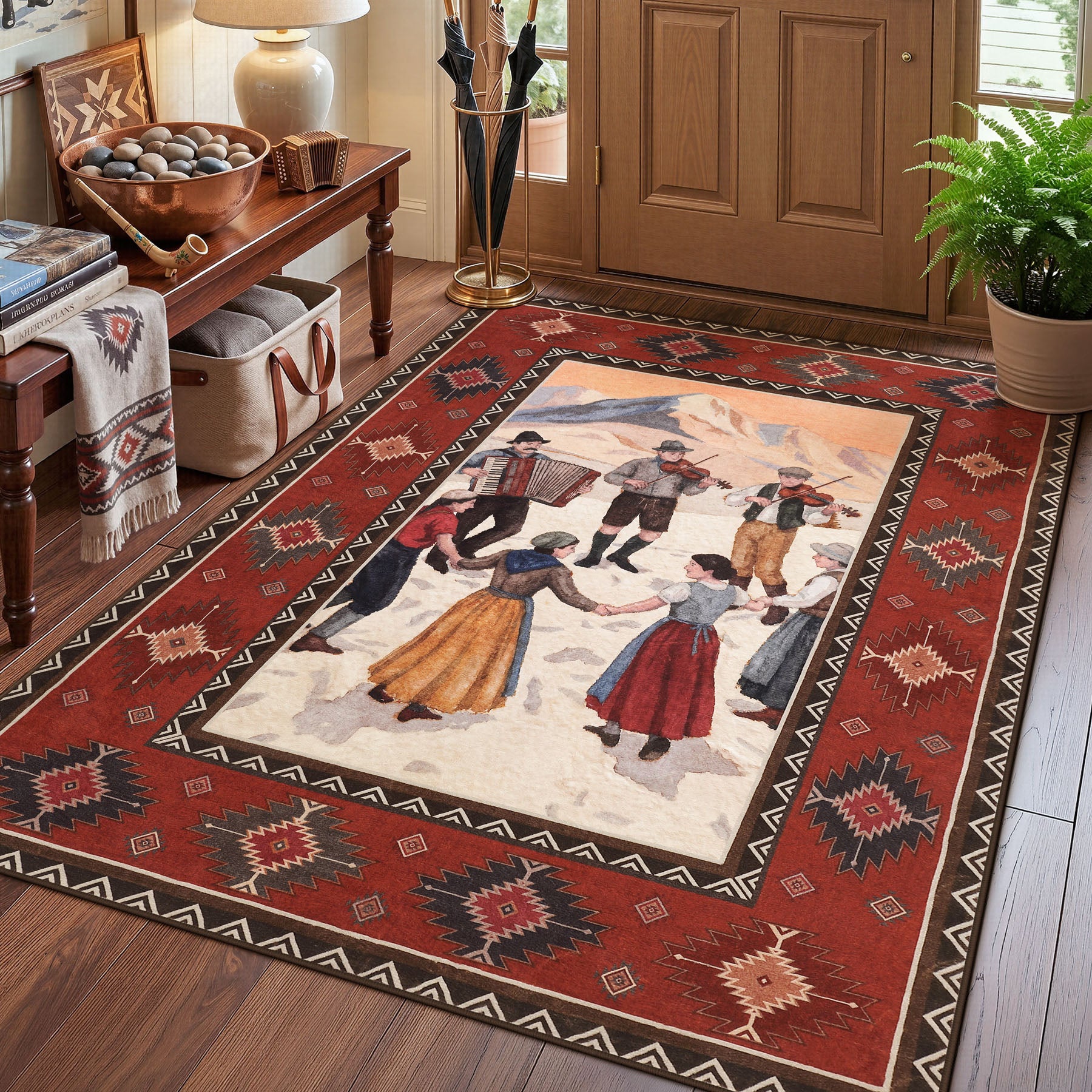3x5/5x7 Southwestern Rust Red Rugs, Boho Tribal Washable Area Rug for Entryway, Soft Non-Slip Low Pile Indoor Carpet, Oeko-Tex Certified