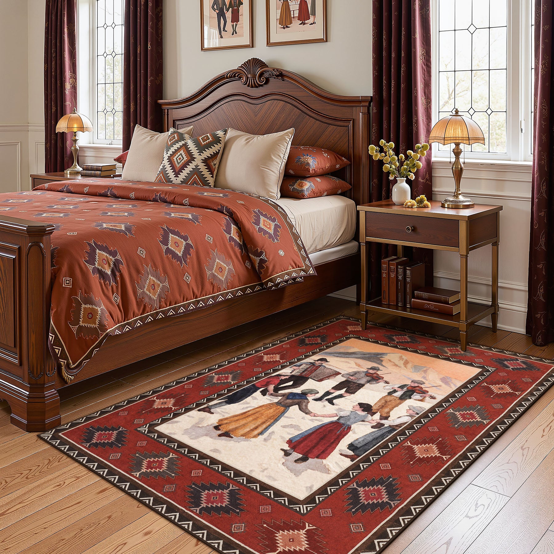 3x5/5x7 Southwestern Rust Red Rugs, Boho Tribal Washable Area Rug for Entryway, Soft Non-Slip Low Pile Indoor Carpet, Oeko-Tex Certified