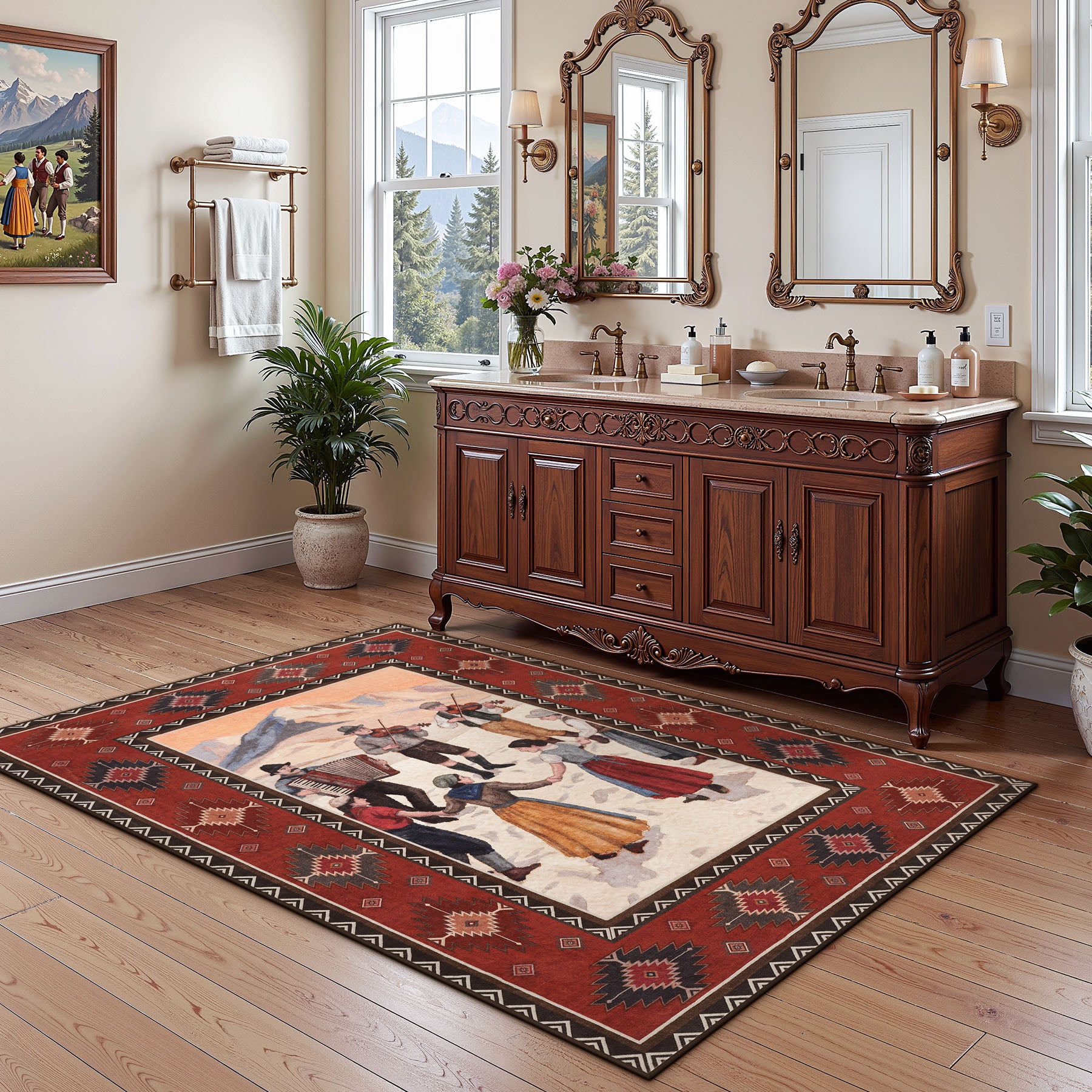 3x5/5x7 Southwestern Rust Red Rugs, Boho Tribal Washable Area Rug for Entryway, Soft Non-Slip Low Pile Indoor Carpet, Oeko-Tex Certified