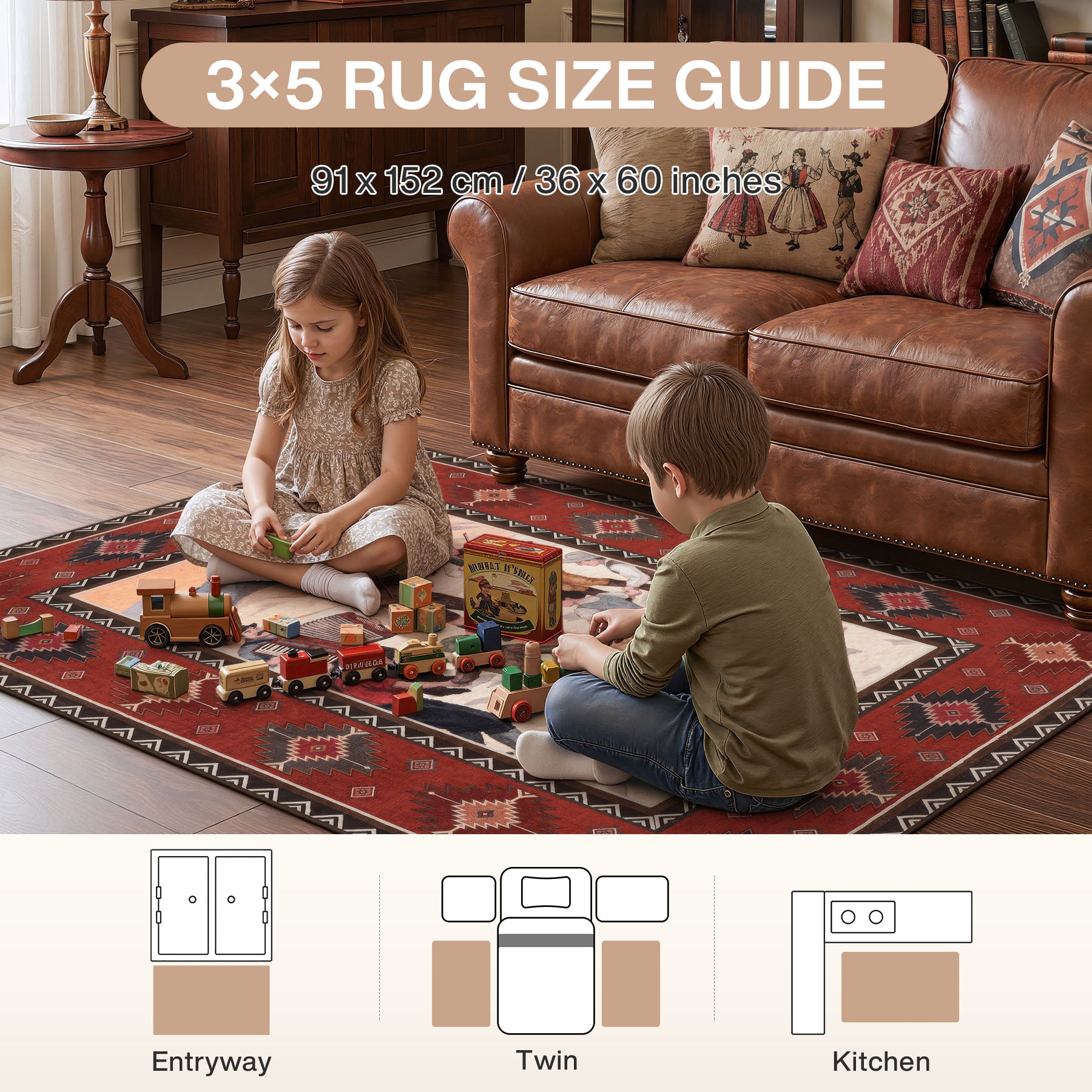 3x5/5x7 Southwestern Rust Red Rugs, Boho Tribal Washable Area Rug for Entryway, Soft Non-Slip Low Pile Indoor Carpet, Oeko-Tex Certified