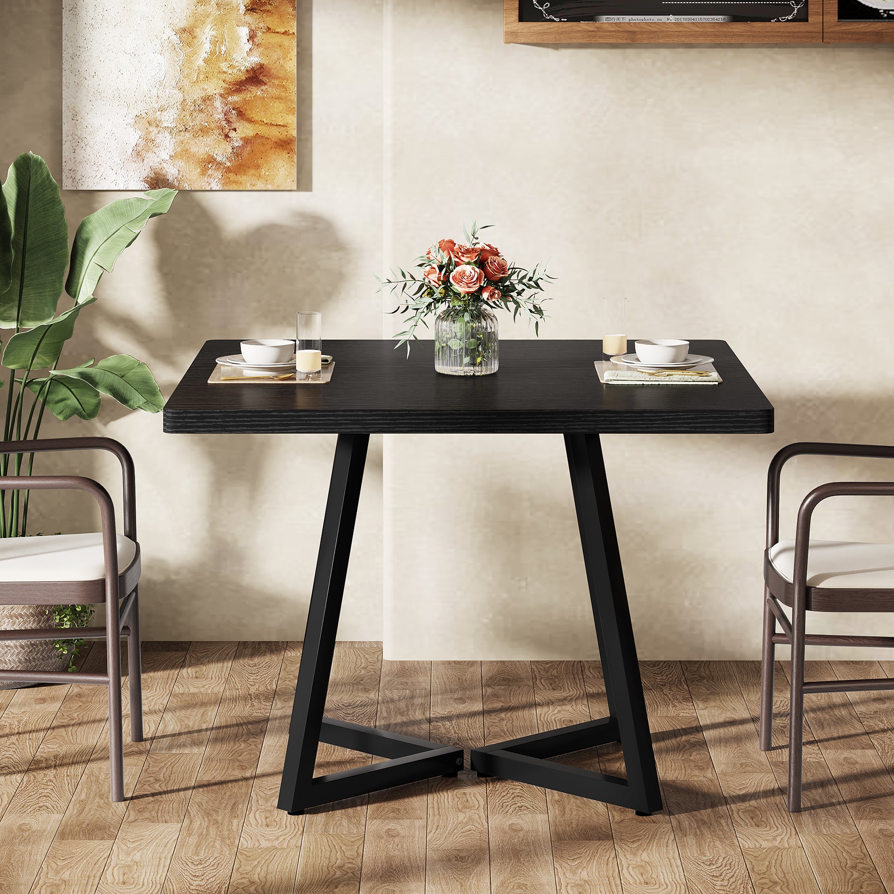 Square Dining Table, 31.5" Small Kitchen Dinner Table with Metal Base for 2-4#Color_black