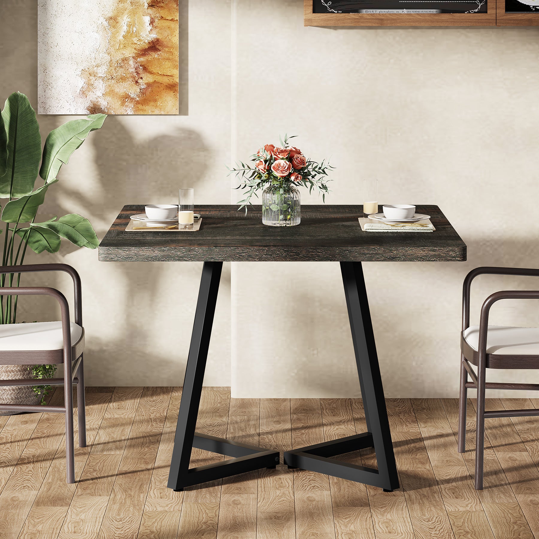 Square Dining Table, 31.5" Small Kitchen Dinner Table with Metal Base for 2-4#Color_vintage black