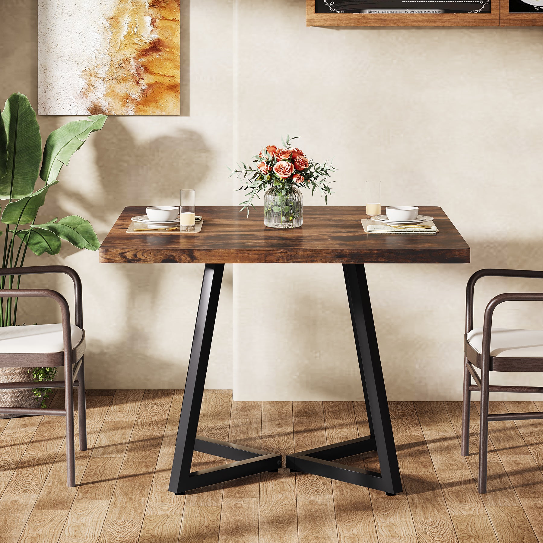 Square Dining Table, 31.5" Small Kitchen Dinner Table with Metal Base for 2-4#Color_vintage brown