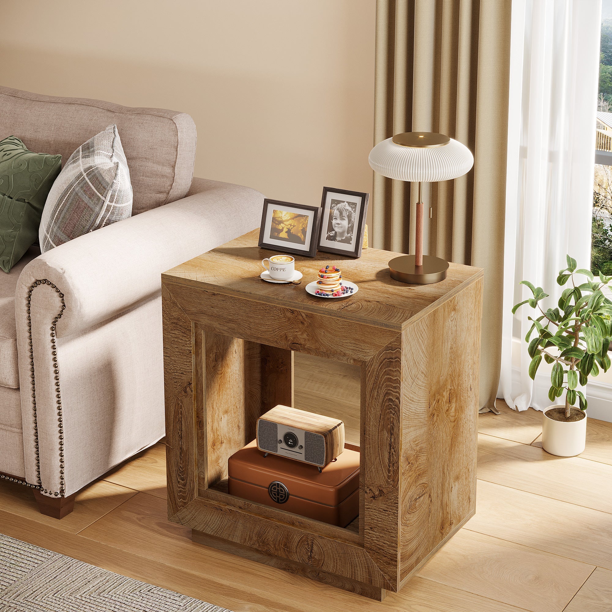 2-Tier Rustic Nightstand With Charging Station & Drawer – Gray Wood & Metal, End Table For Living Room