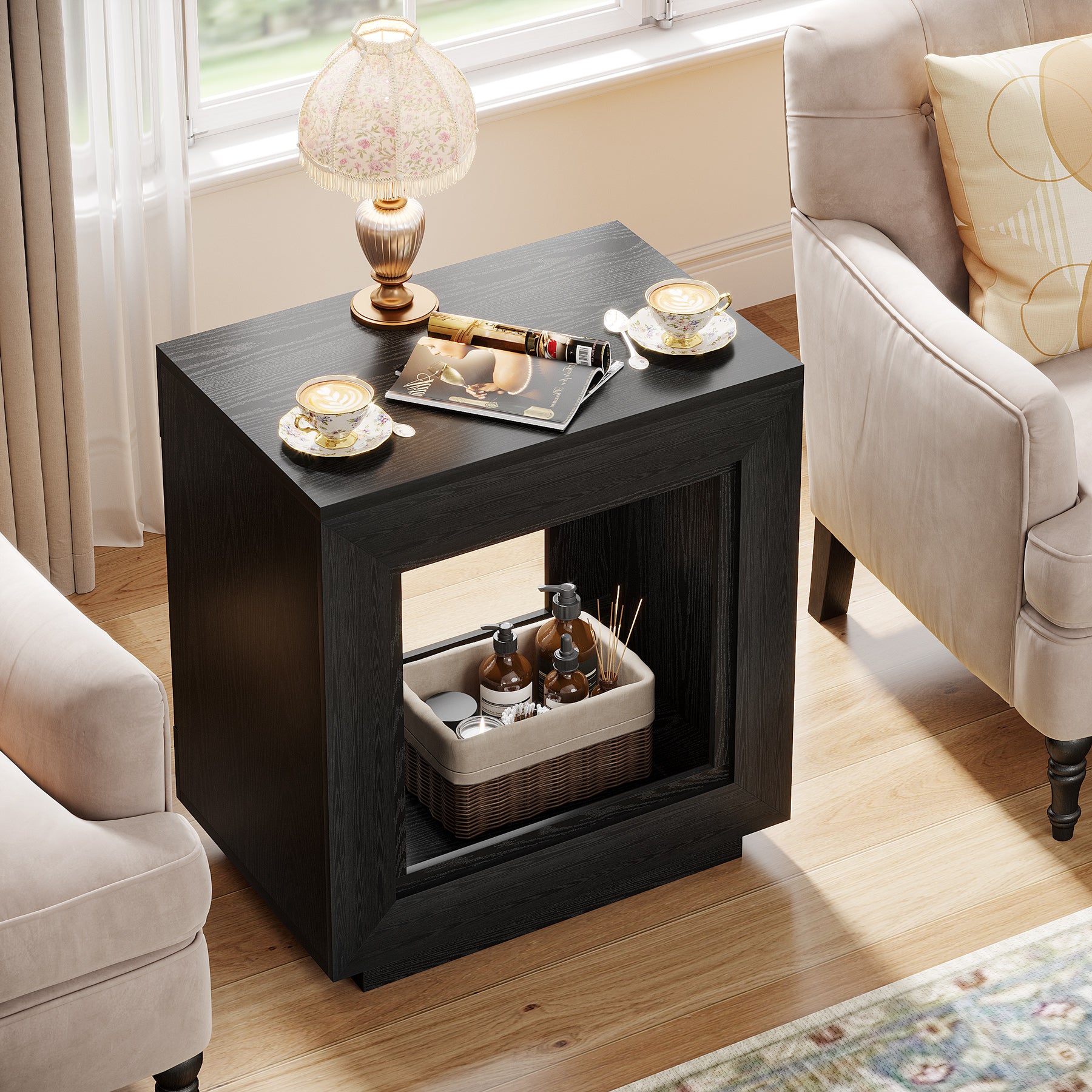 Square End Table, 2-Tier Wooden Sofa Side Table with Storage Shelf