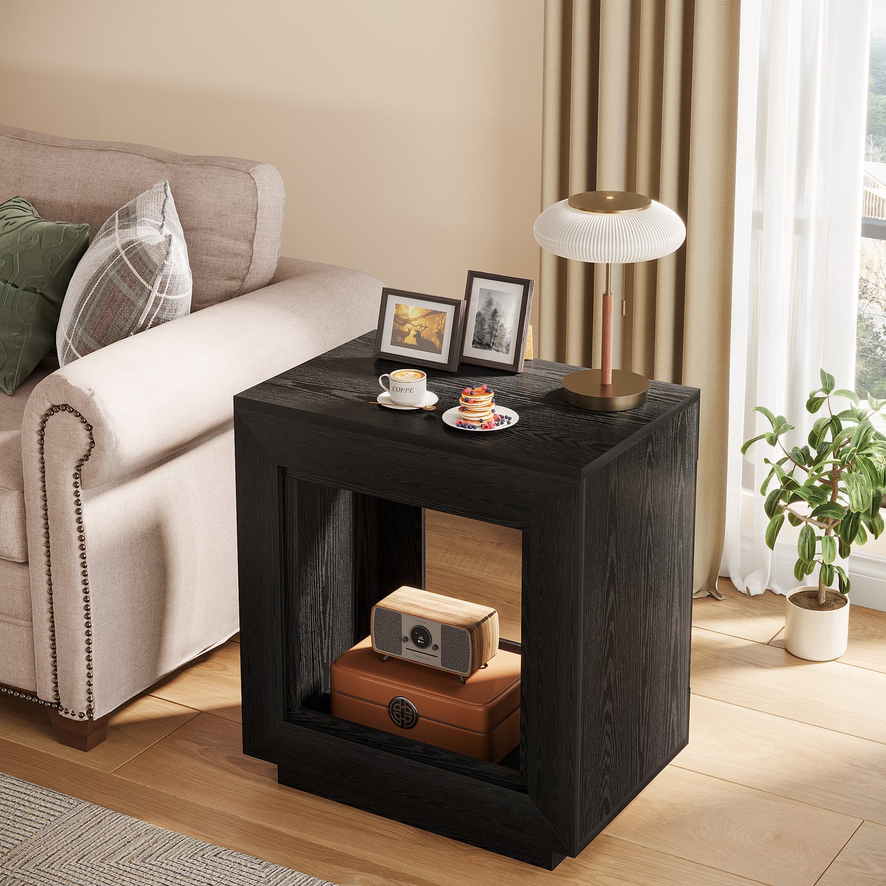 Wood End Table, Square Side Table Nightstands with Storage Tribesigns#color_Black