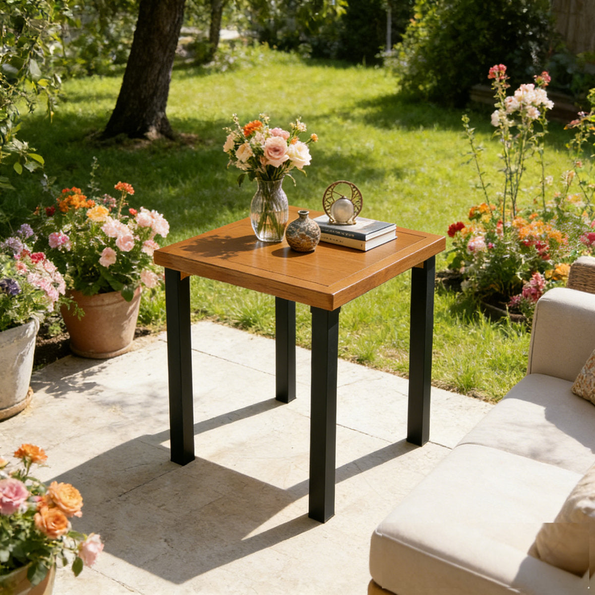 Square Outdoor Side Table, Weather Resistant Patio End Table with Metal Legs