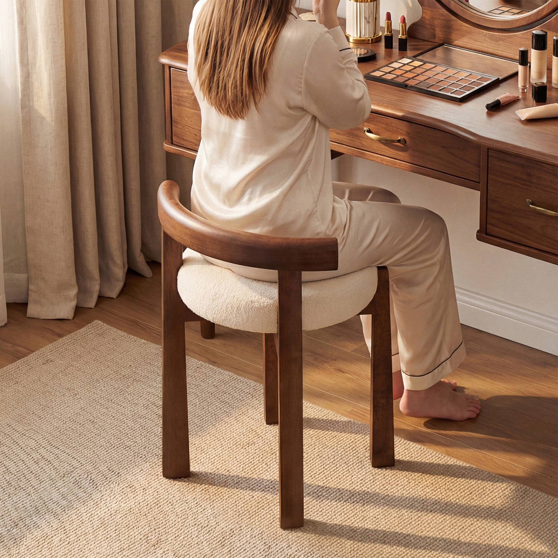 Upholstered Vanity Stool, Makeup Chair with Faux Wool Cushion and Solid Wood Frame (Only Stool)