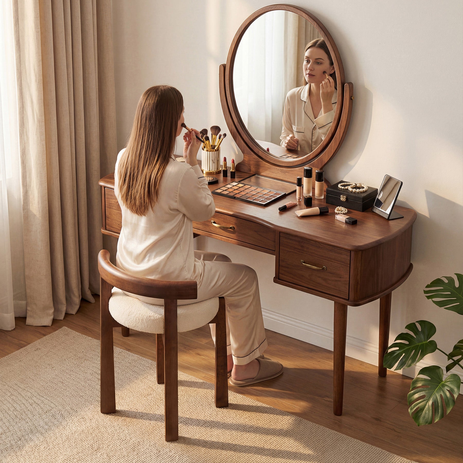 Upholstered Vanity Stool, Makeup Chair with Faux Wool Cushion and Solid Wood Frame (Only Stool)
