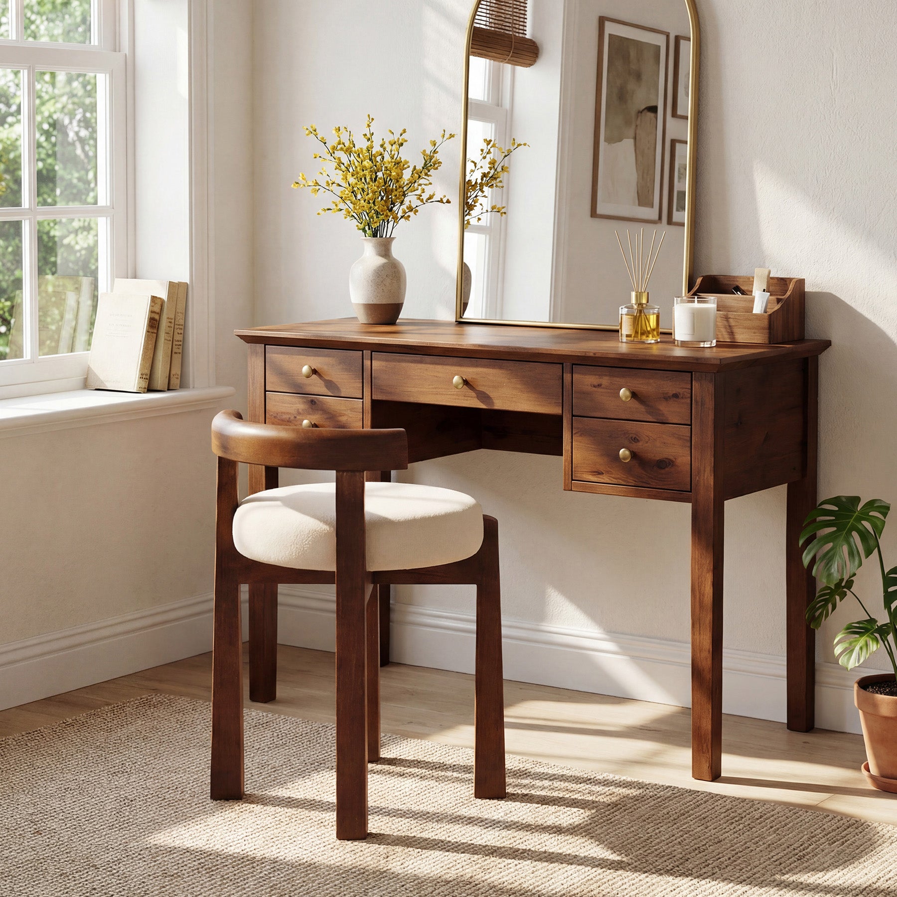 Upholstered Vanity Stool, Makeup Chair with Faux Wool Cushion and Solid Wood Frame (Only Stool)