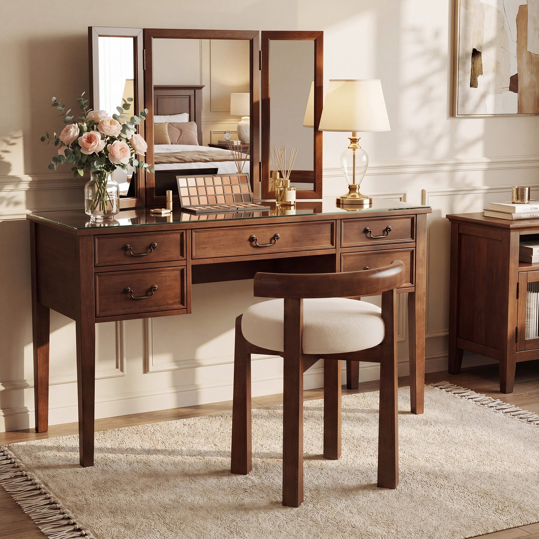 Upholstered Vanity Stool, Makeup Chair with Faux Wool Cushion and Solid Wood Frame (Only Stool)