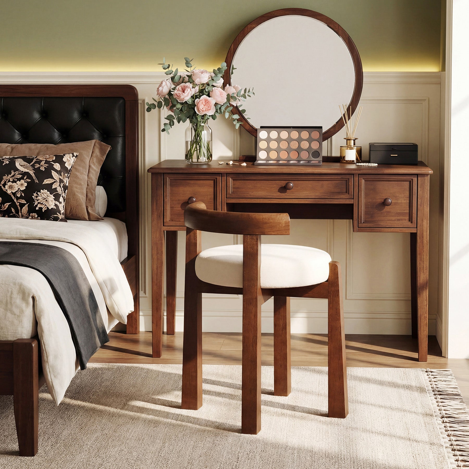 Upholstered Vanity Stool, Makeup Chair with Faux Wool Cushion and Solid Wood Frame (Only Stool)