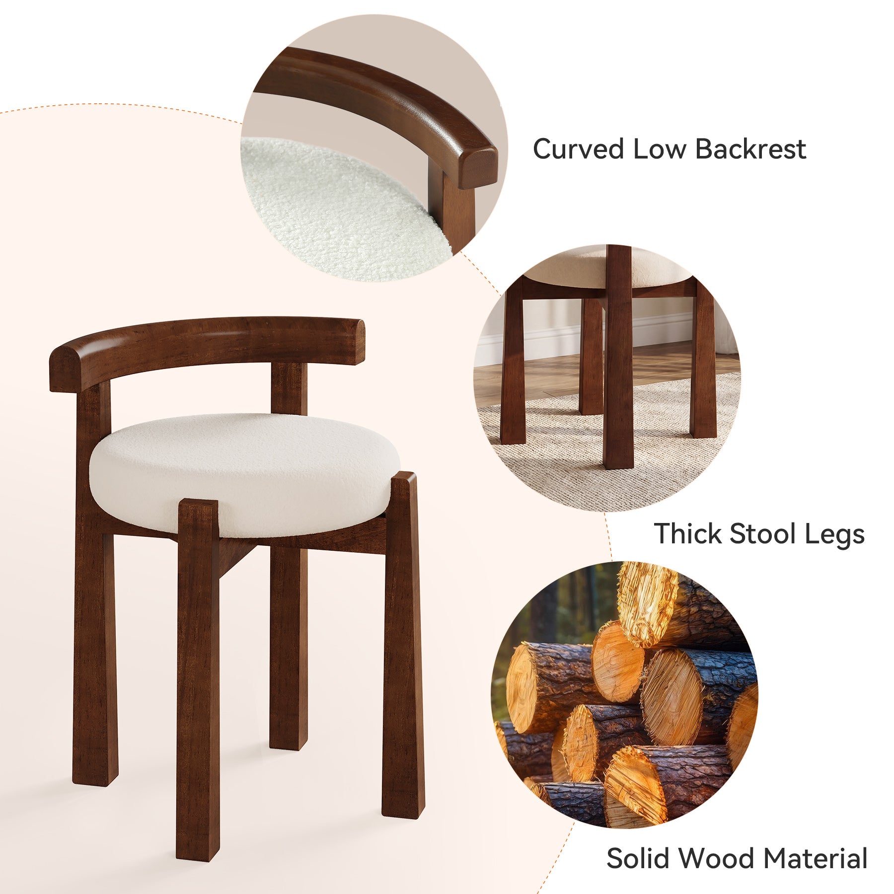 Upholstered Vanity Stool, Makeup Chair with Faux Wool Cushion and Solid Wood Frame (Only Stool)
