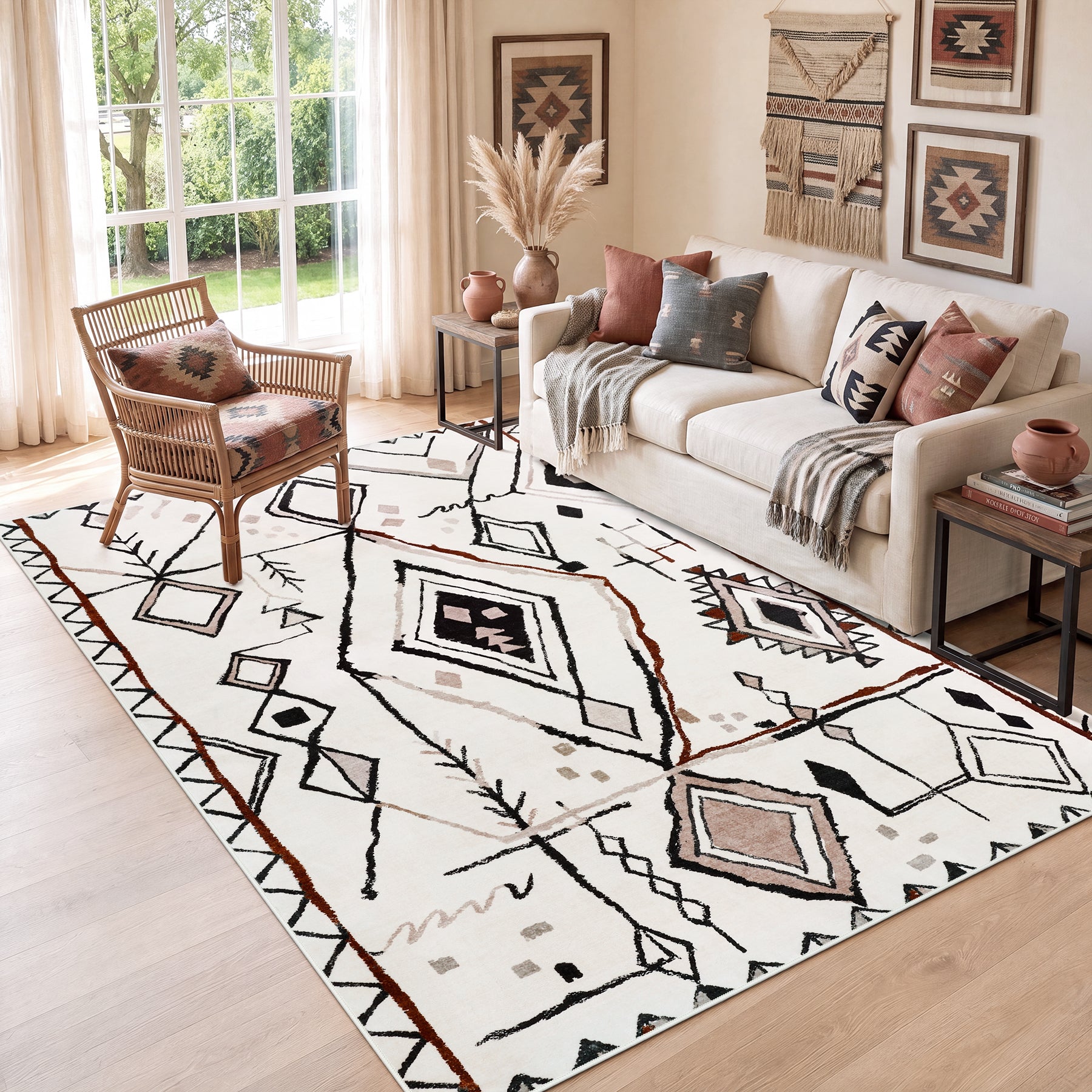 3x5/5x7 Vintage Boho Moroccan Area Rug, Non-Slip Geometric Neutral Soft Low Pile Throw Carpet, Oeko-Tex Certified