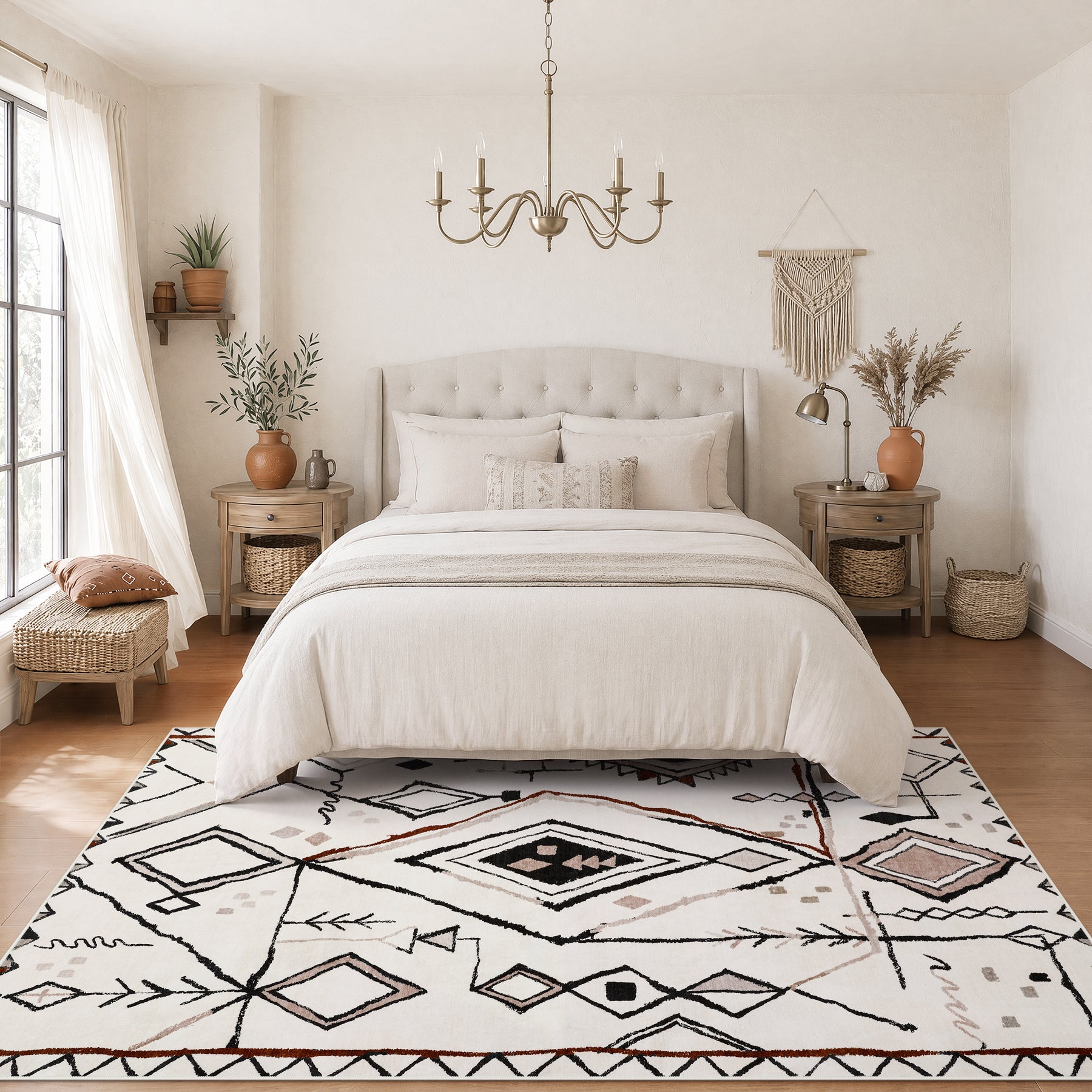 3x5/5x7 Vintage Boho Moroccan Area Rug, Non-Slip Geometric Neutral Soft Low Pile Throw Carpet, Oeko-Tex Certified