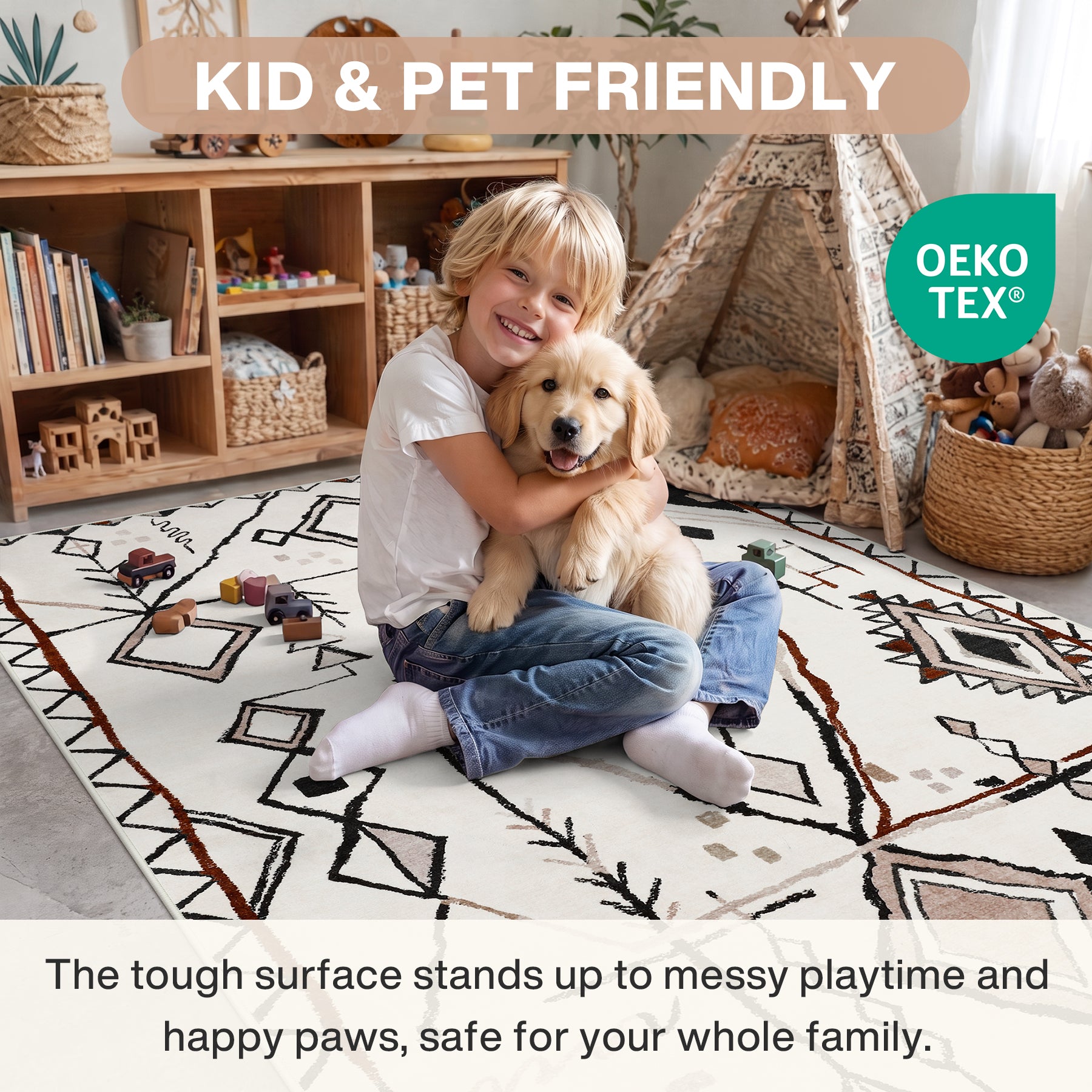 3x5/5x7 Vintage Boho Moroccan Area Rug, Non-Slip Geometric Neutral Soft Low Pile Throw Carpet, Oeko-Tex Certified