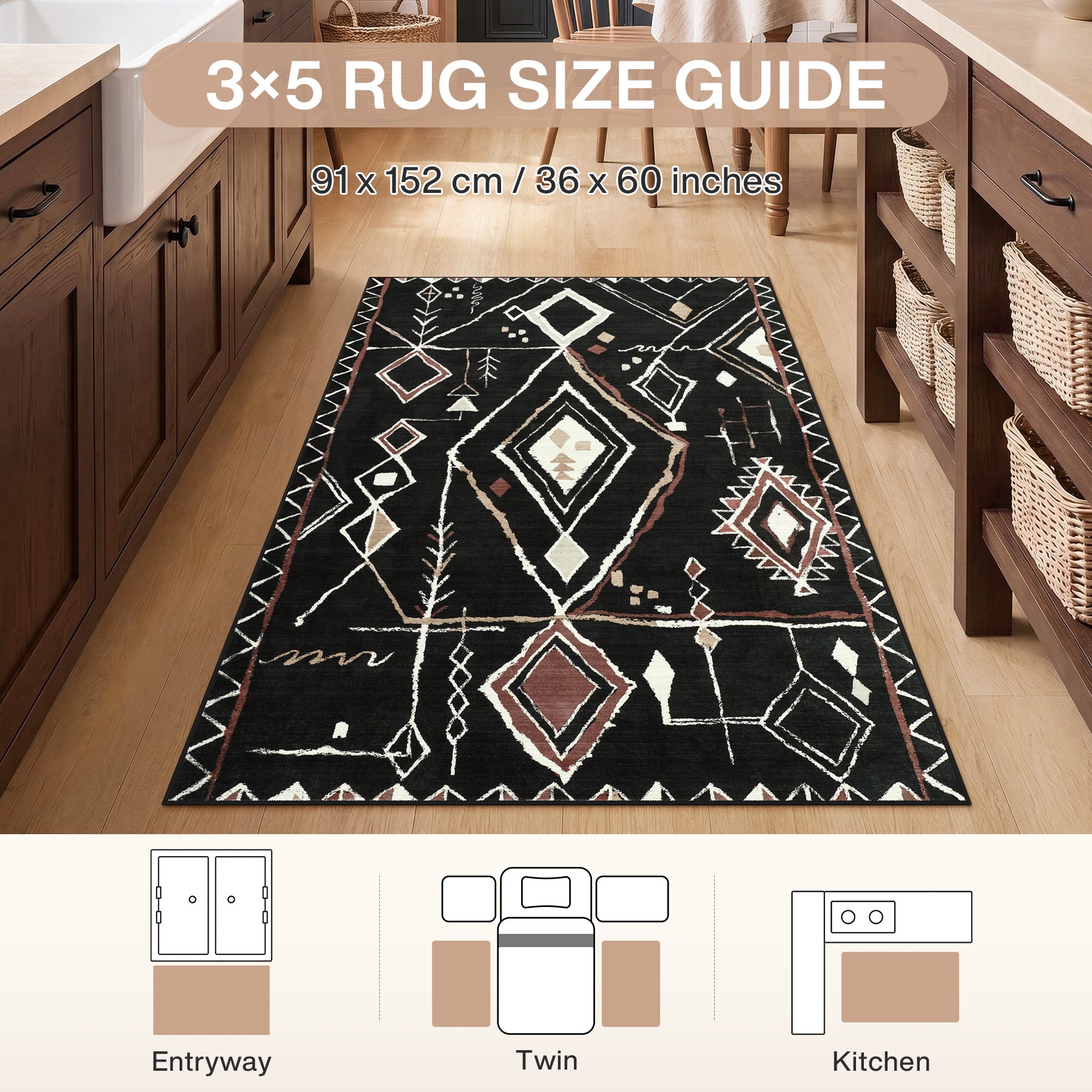 3x5/5x7 Vintage Boho Moroccan Area Rug, Non-Slip Geometric Neutral Soft Low Pile Throw Carpet, Oeko-Tex Certified