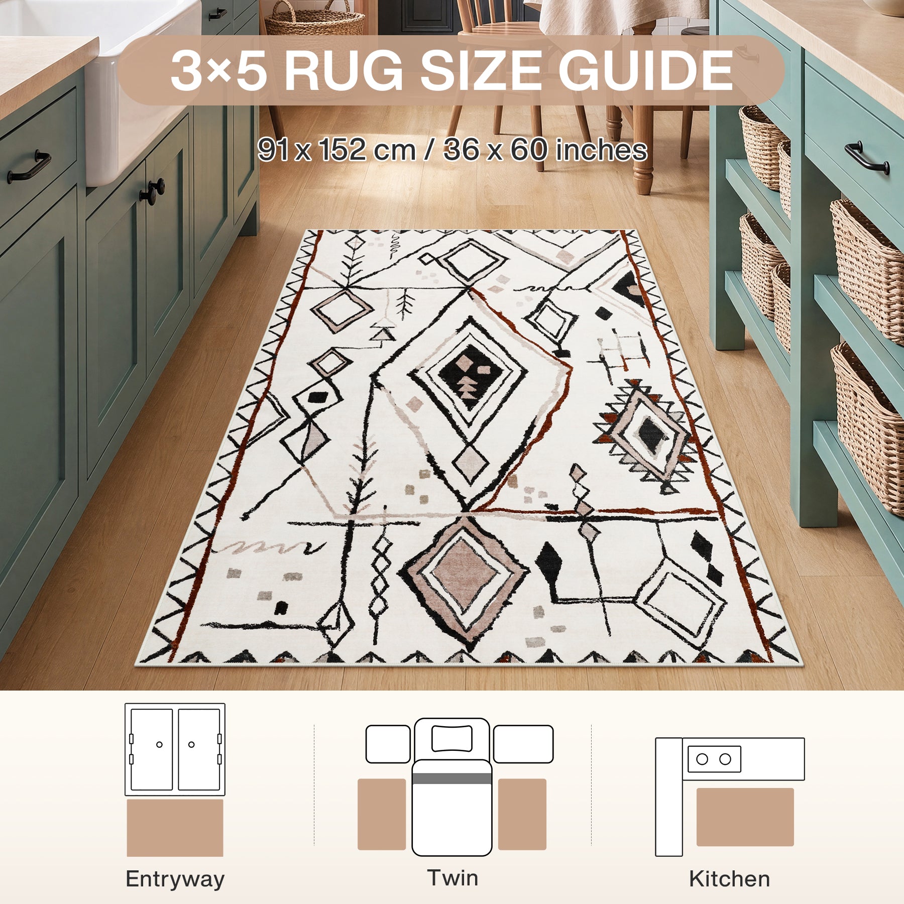3x5/5x7 Vintage Boho Moroccan Area Rug, Non-Slip Geometric Neutral Soft Low Pile Throw Carpet, Oeko-Tex Certified