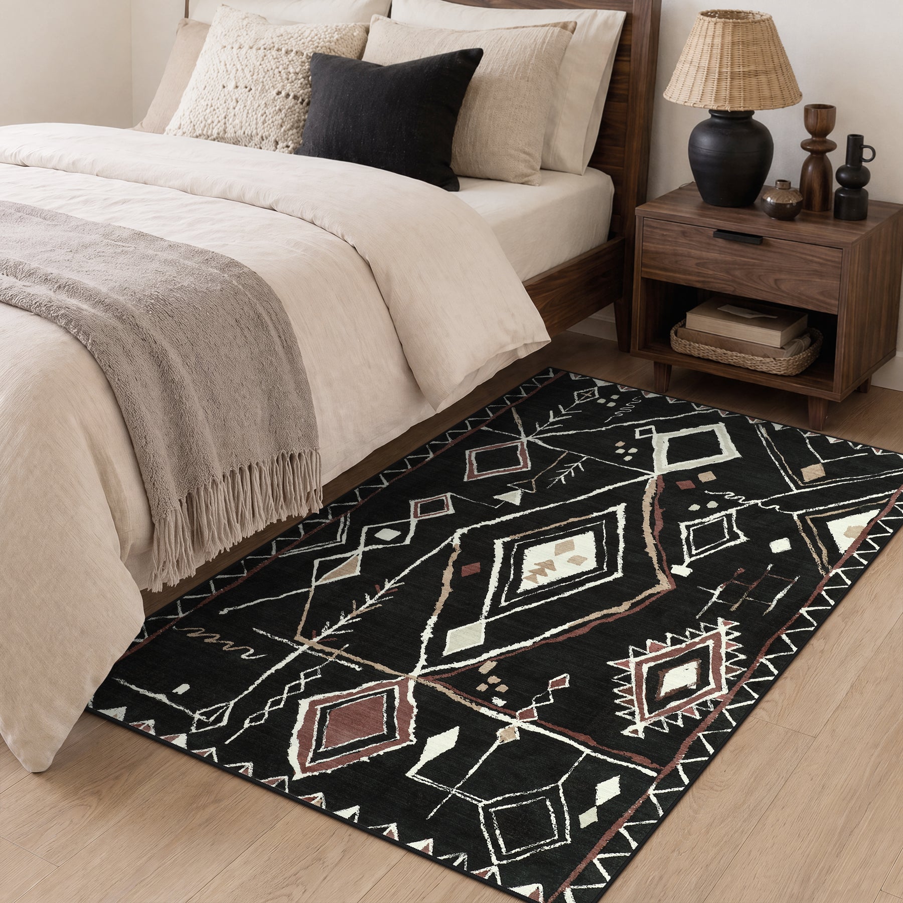 3x5/5x7 Vintage Boho Moroccan Area Rug, Non-Slip Geometric Neutral Soft Low Pile Throw Carpet, Oeko-Tex Certified
