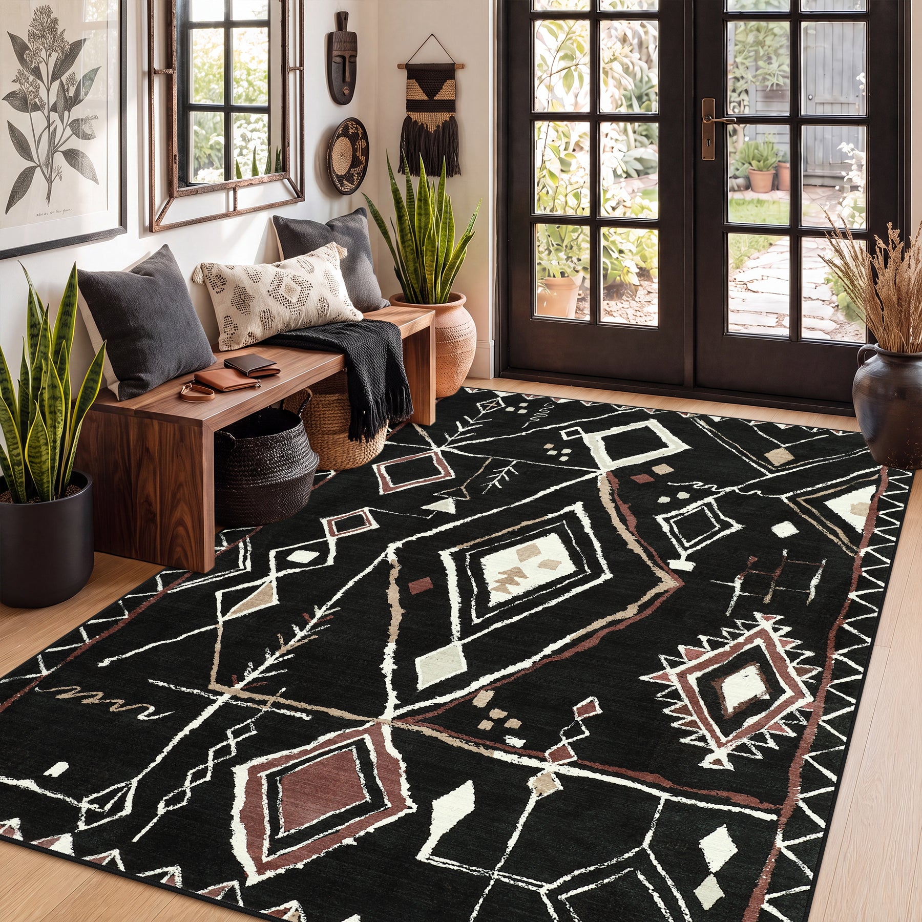 3x5/5x7 Vintage Boho Moroccan Area Rug, Non-Slip Geometric Neutral Soft Low Pile Throw Carpet, Oeko-Tex Certified