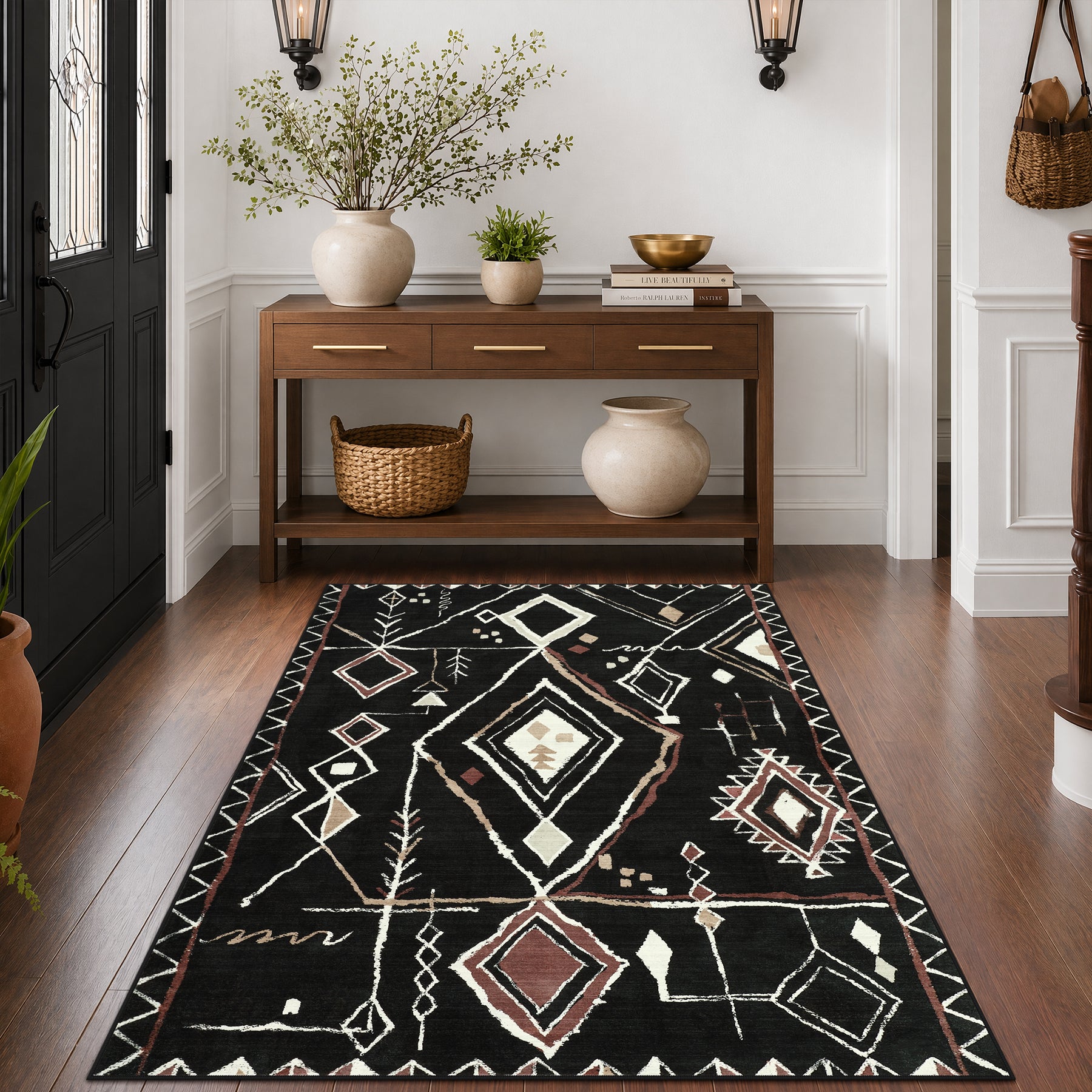 3x5/5x7 Vintage Boho Moroccan Area Rug, Non-Slip Geometric Neutral Soft Low Pile Throw Carpet, Oeko-Tex Certified