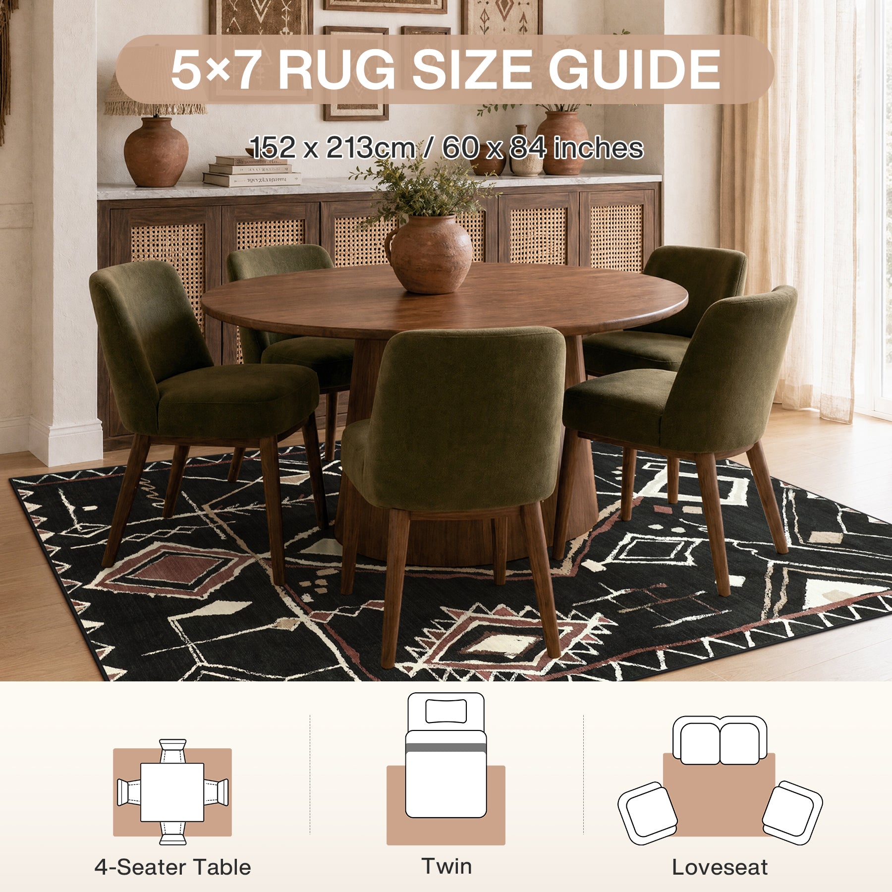 3x5/5x7 Vintage Boho Moroccan Area Rug, Non-Slip Geometric Neutral Soft Low Pile Throw Carpet, Oeko-Tex Certified