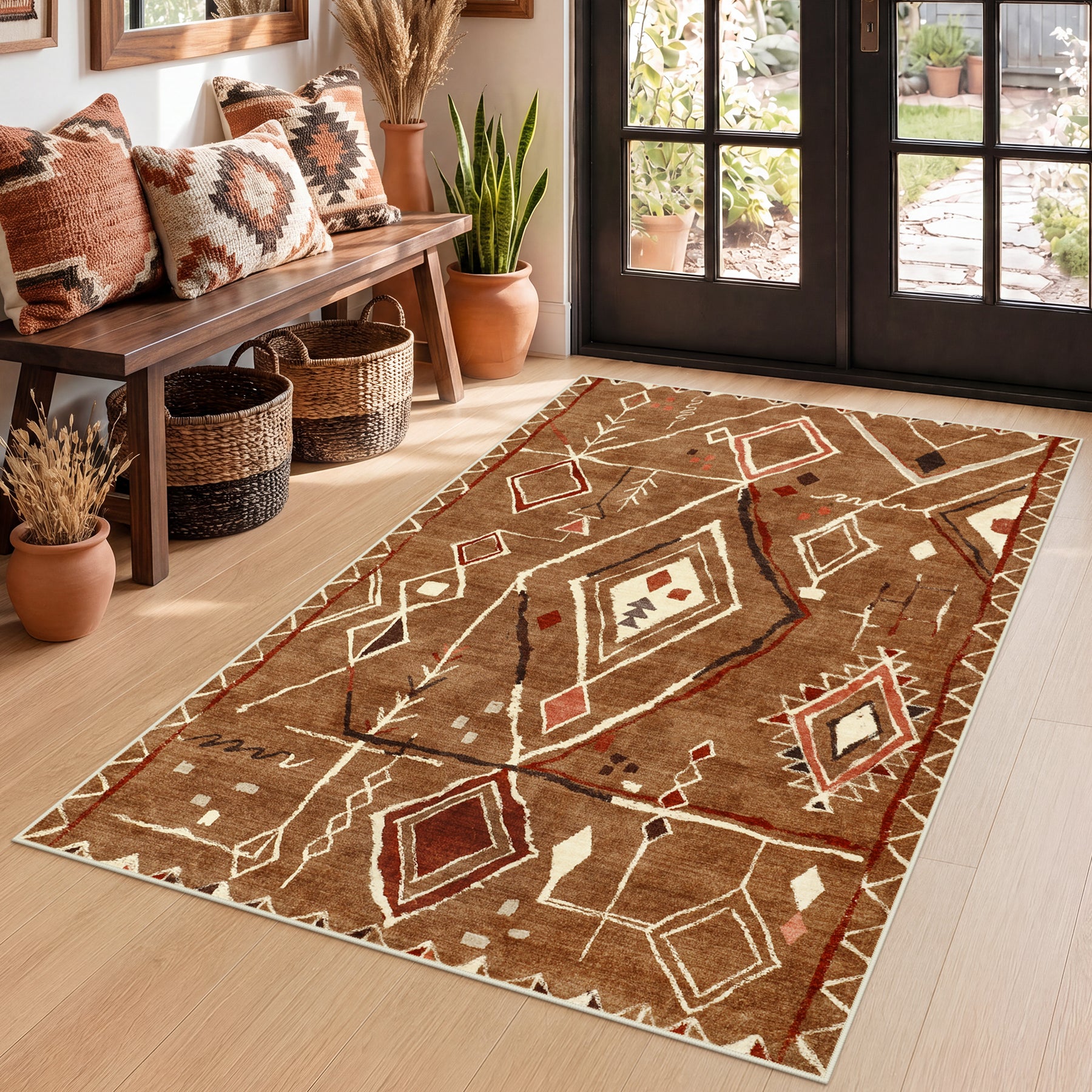 3x5/5x7 Vintage Boho Moroccan Area Rug, Non-Slip Geometric Neutral Soft Low Pile Throw Carpet, Oeko-Tex Certified