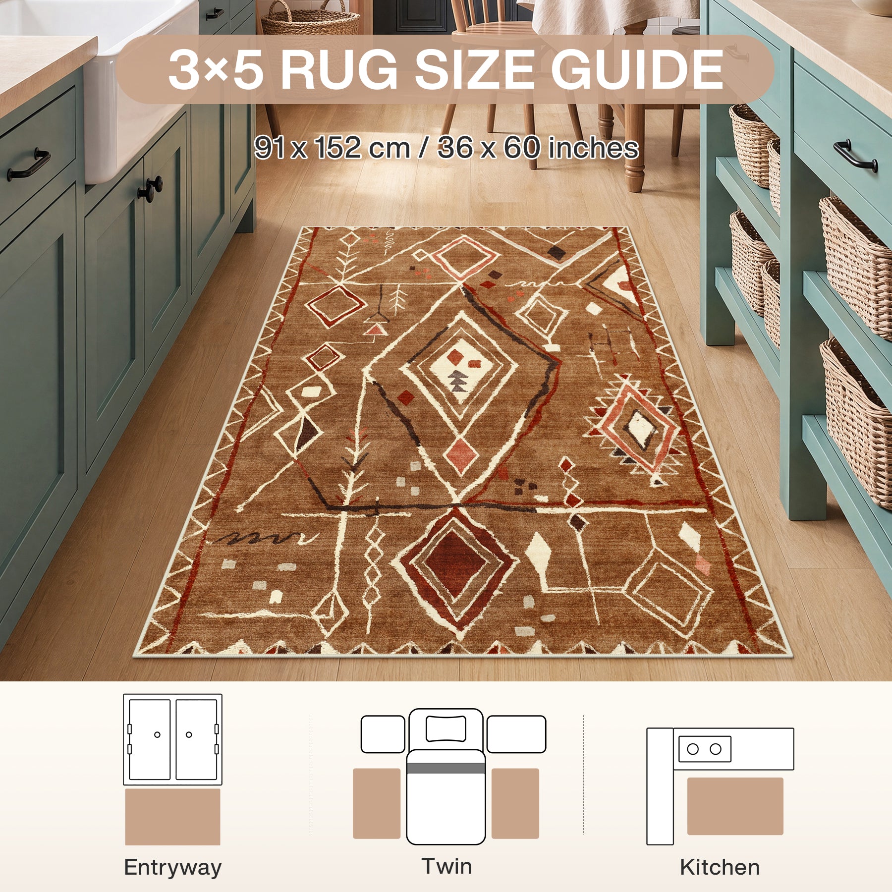 3x5/5x7 Vintage Boho Moroccan Area Rug, Non-Slip Geometric Neutral Soft Low Pile Throw Carpet, Oeko-Tex Certified