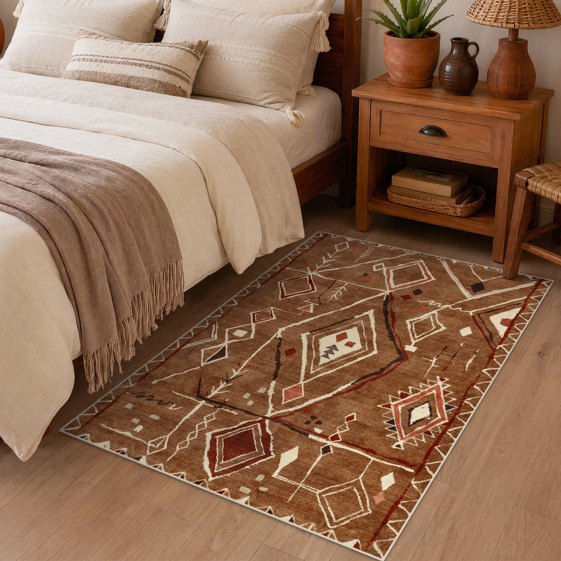 3x5/5x7 Vintage Boho Moroccan Area Rug, Non-Slip Geometric Neutral Soft Low Pile Throw Carpet, Oeko-Tex Certified
