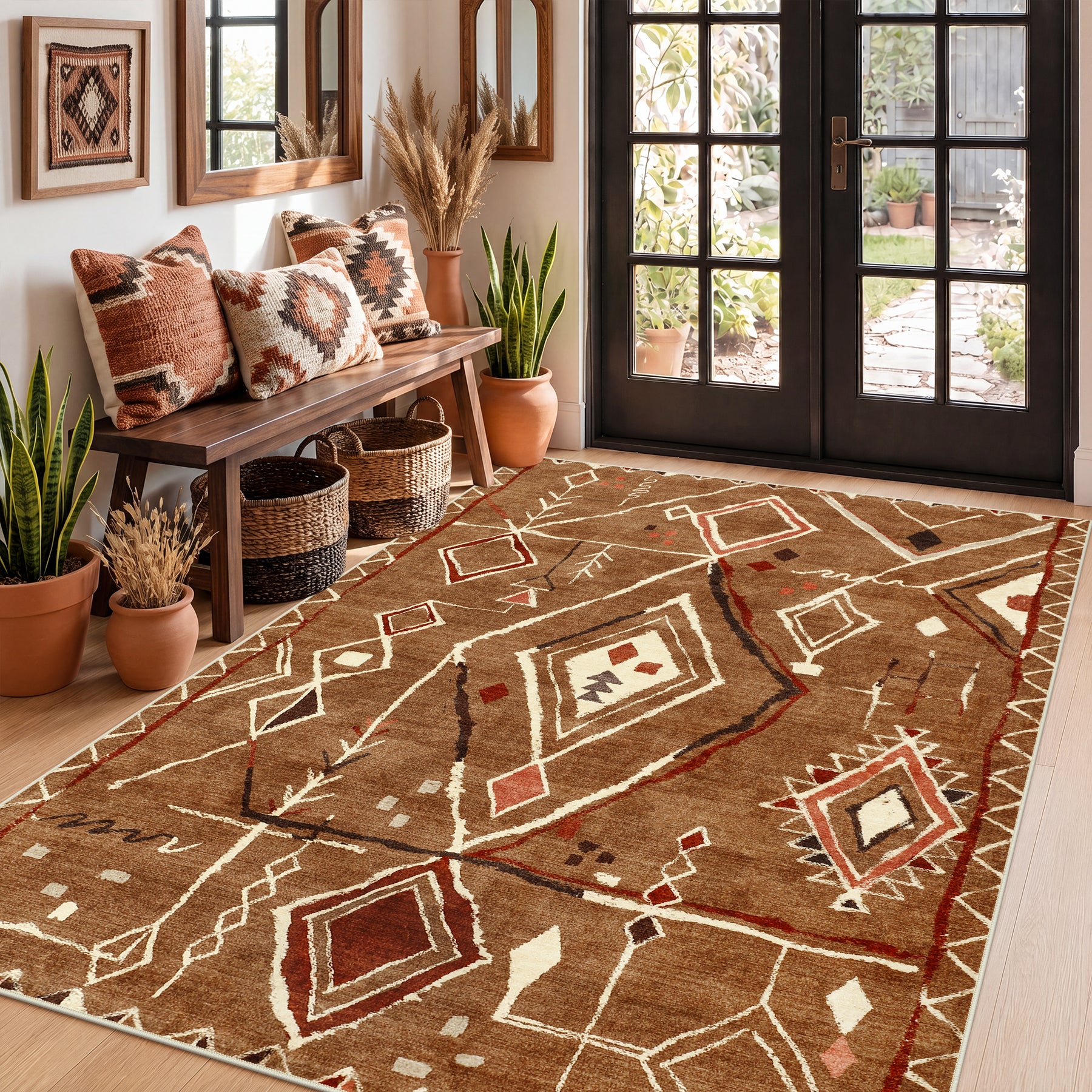 3x5/5x7 Vintage Boho Moroccan Area Rug, Non-Slip Geometric Neutral Soft Low Pile Throw Carpet, Oeko-Tex Certified