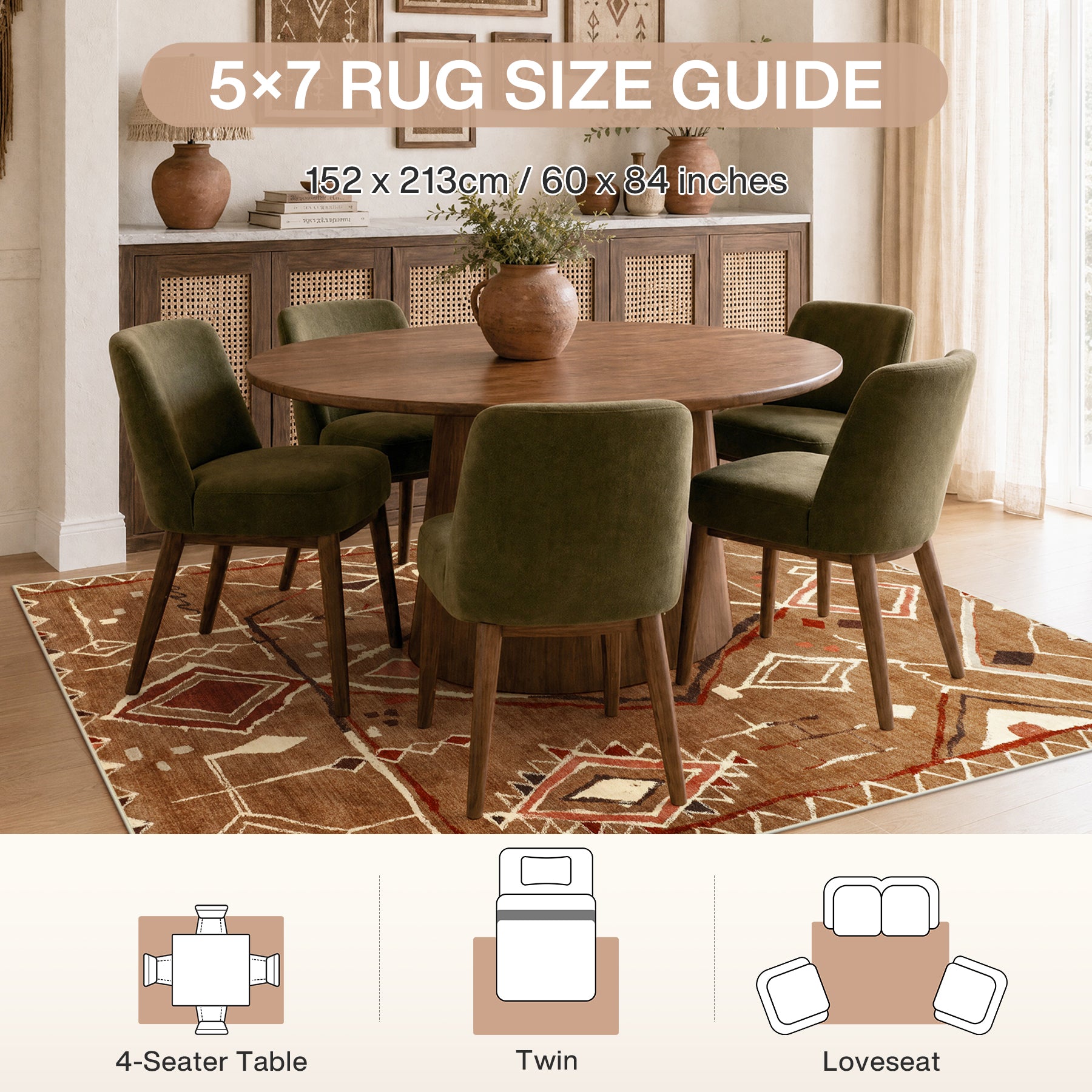 3x5/5x7 Vintage Boho Moroccan Area Rug, Non-Slip Geometric Neutral Soft Low Pile Throw Carpet, Oeko-Tex Certified